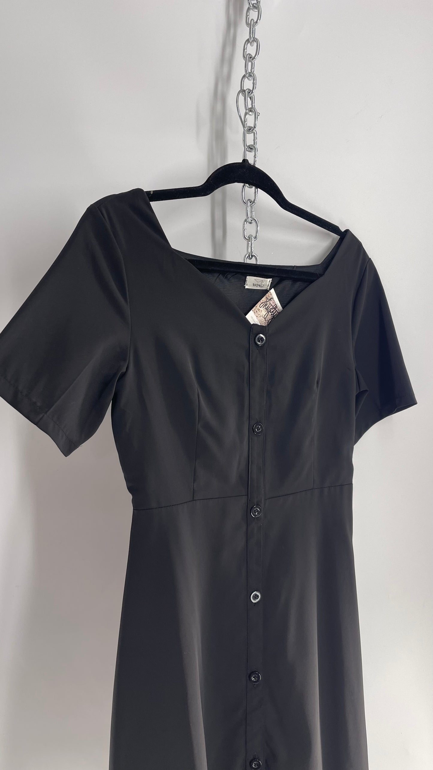 Vintage Wind Black Button Front Short Sleeve Mini Dress (S)