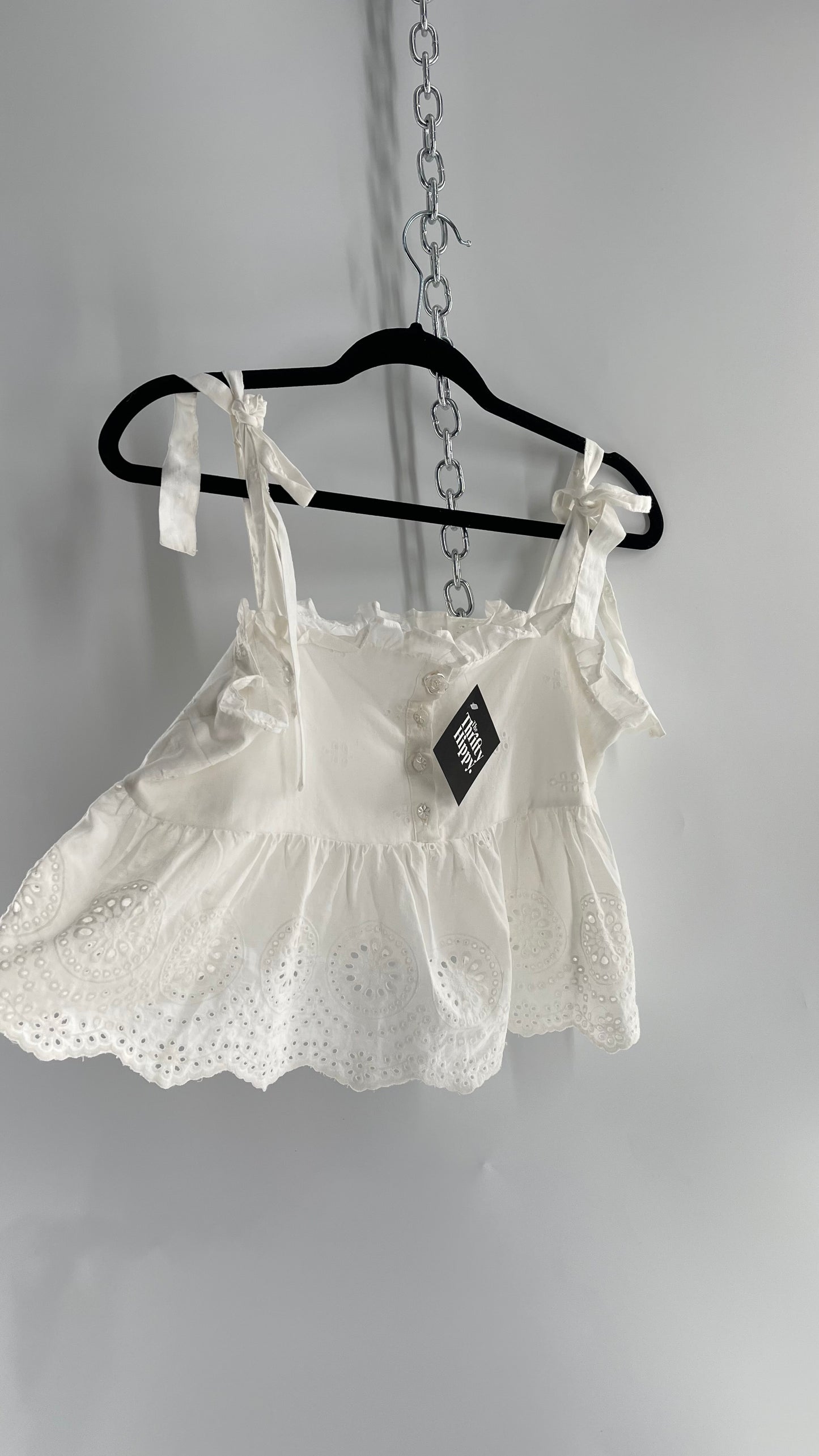 Urban Outfitters Eyelet Lace Hem Tank with Bow Shoulders (Large)