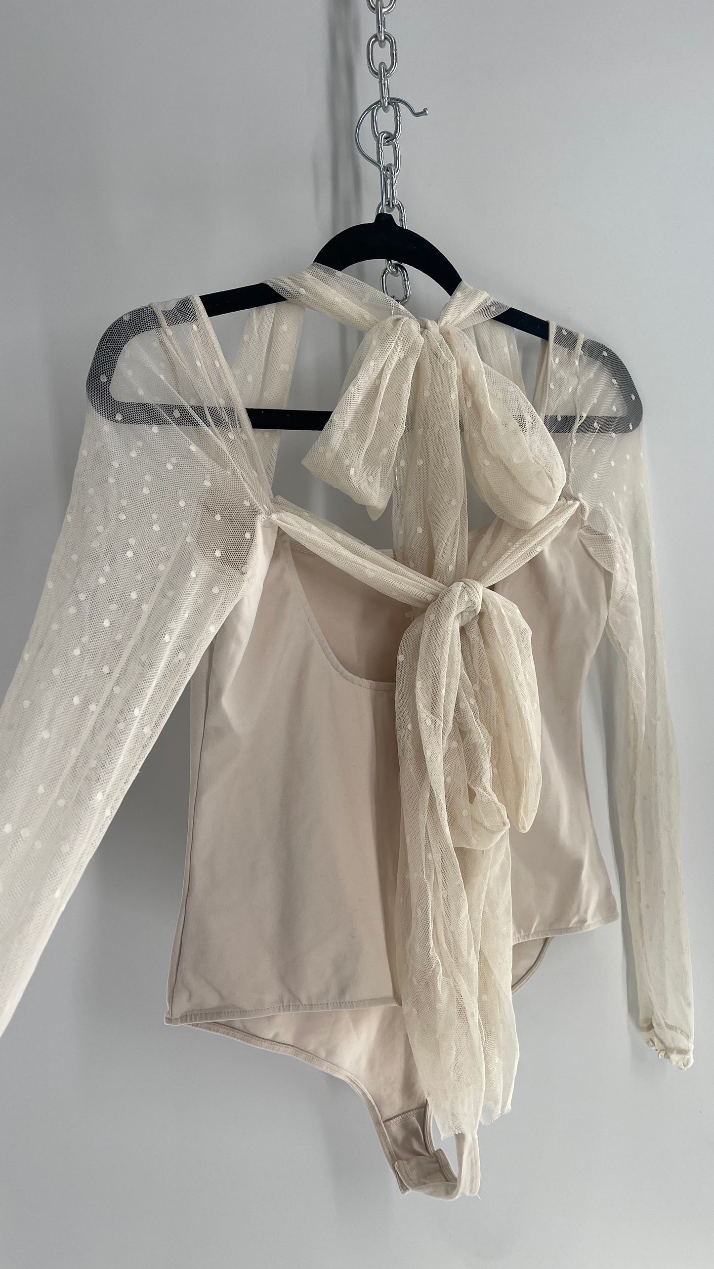 Intimately Free People Cream Bodysuit with Mesh Polka Dot Sleeves and Straps (Medium)