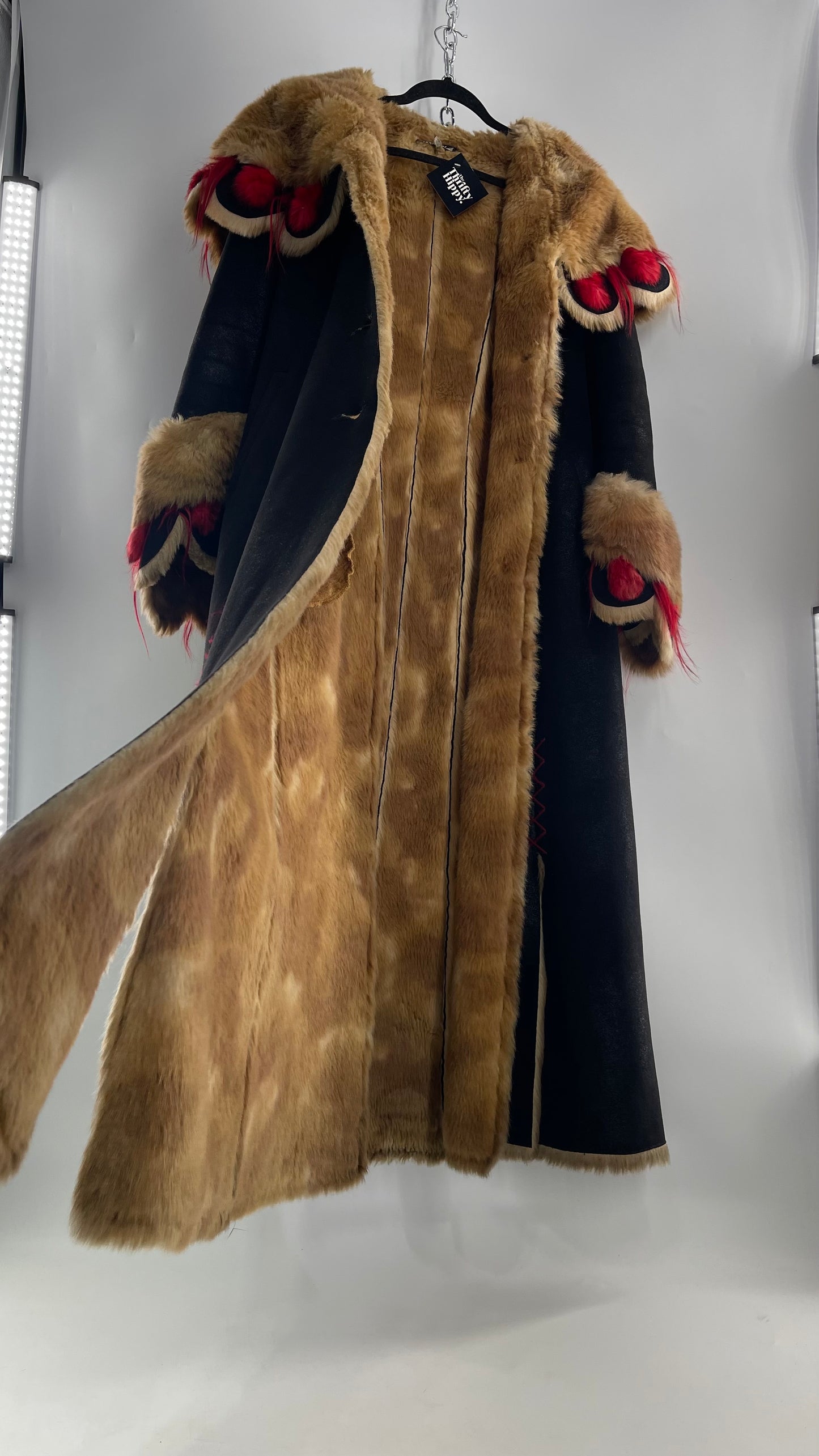 Vintage Russian Black Coat with Brown Fur Piping/Lining, Red Feathers, Scalloped Sleeve, and Hood (Medium)