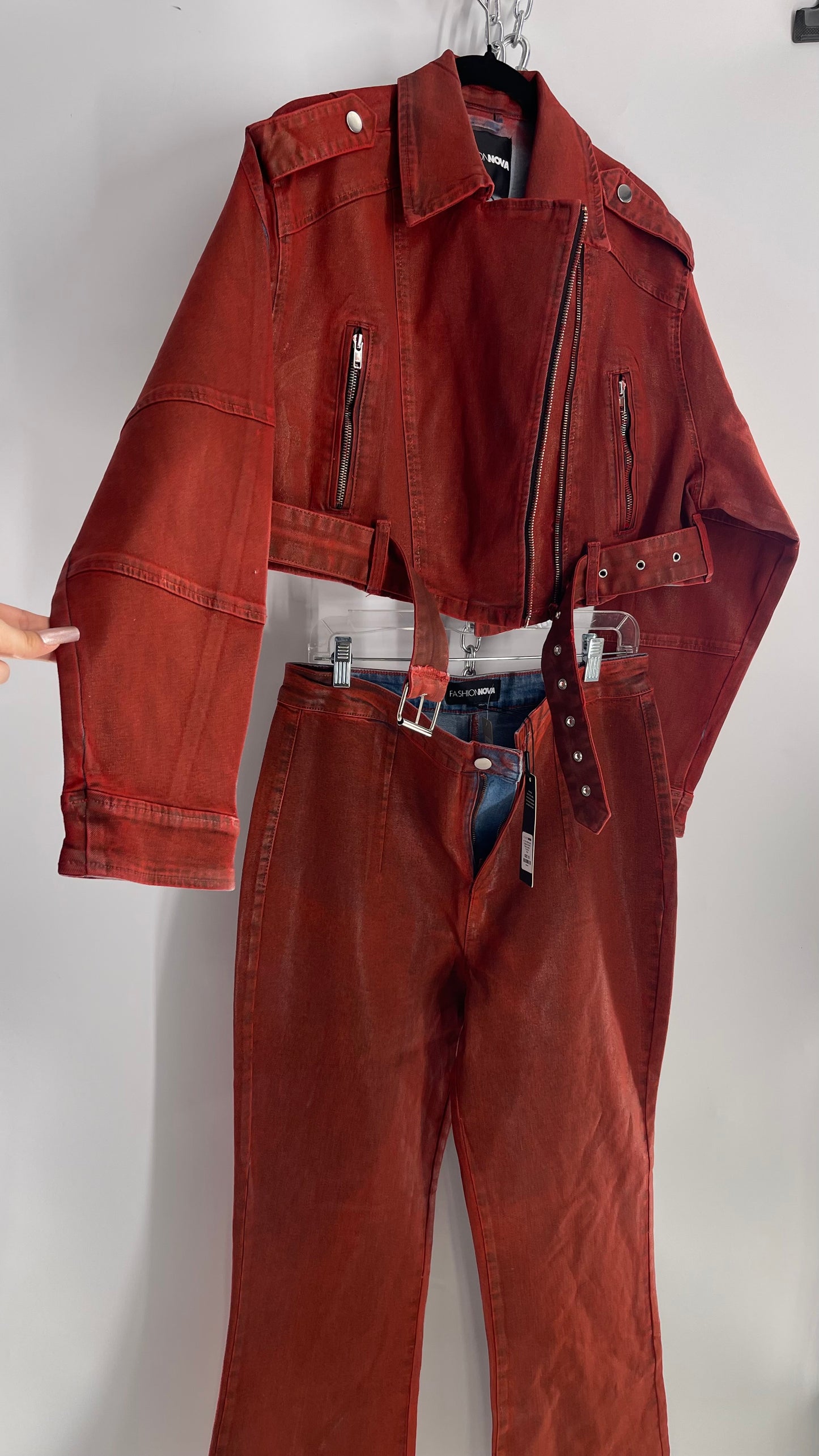 Fashion Nova Red Waxed Denim Cropped Motorcycle Jacket with Flared Jean Set and Tags Attached (XL/15)