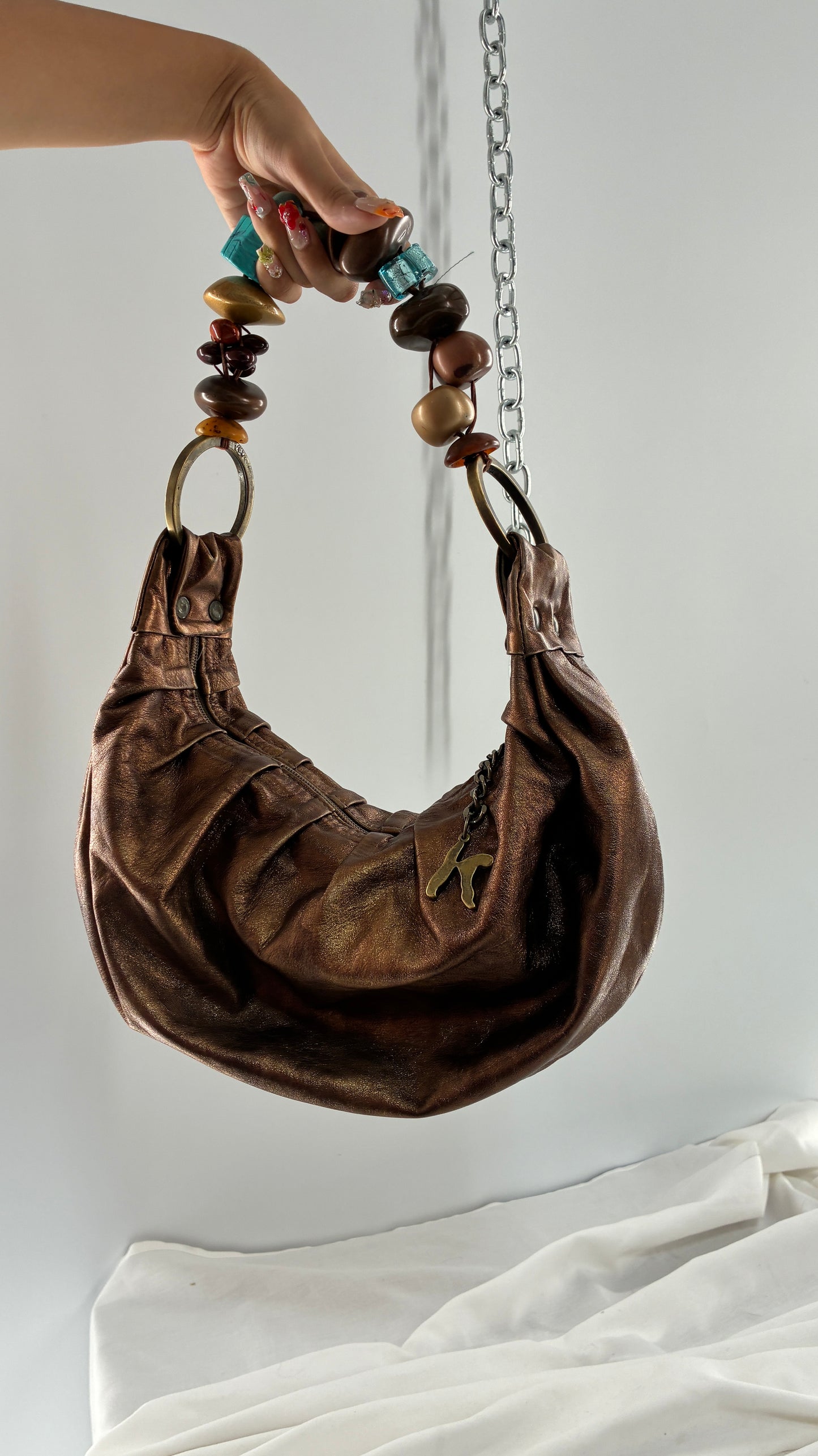 Vintage KARKABA  Metallic Bronze Leather Bag with Exaggerated Beaded Handles