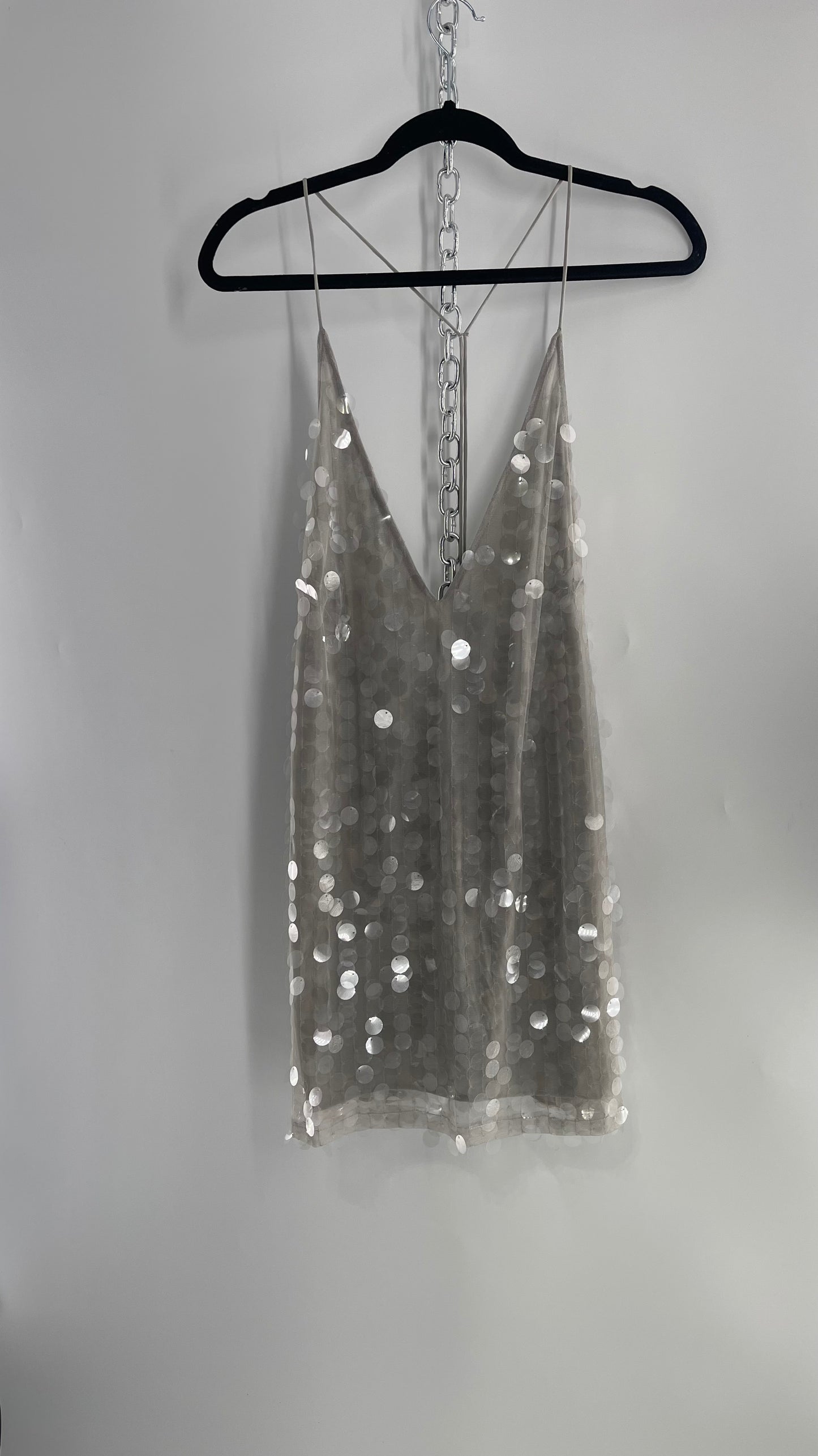 MOTEL ROCKS Chunky Silver Sequin Slinky Mini Dress with Tags Attached (M)