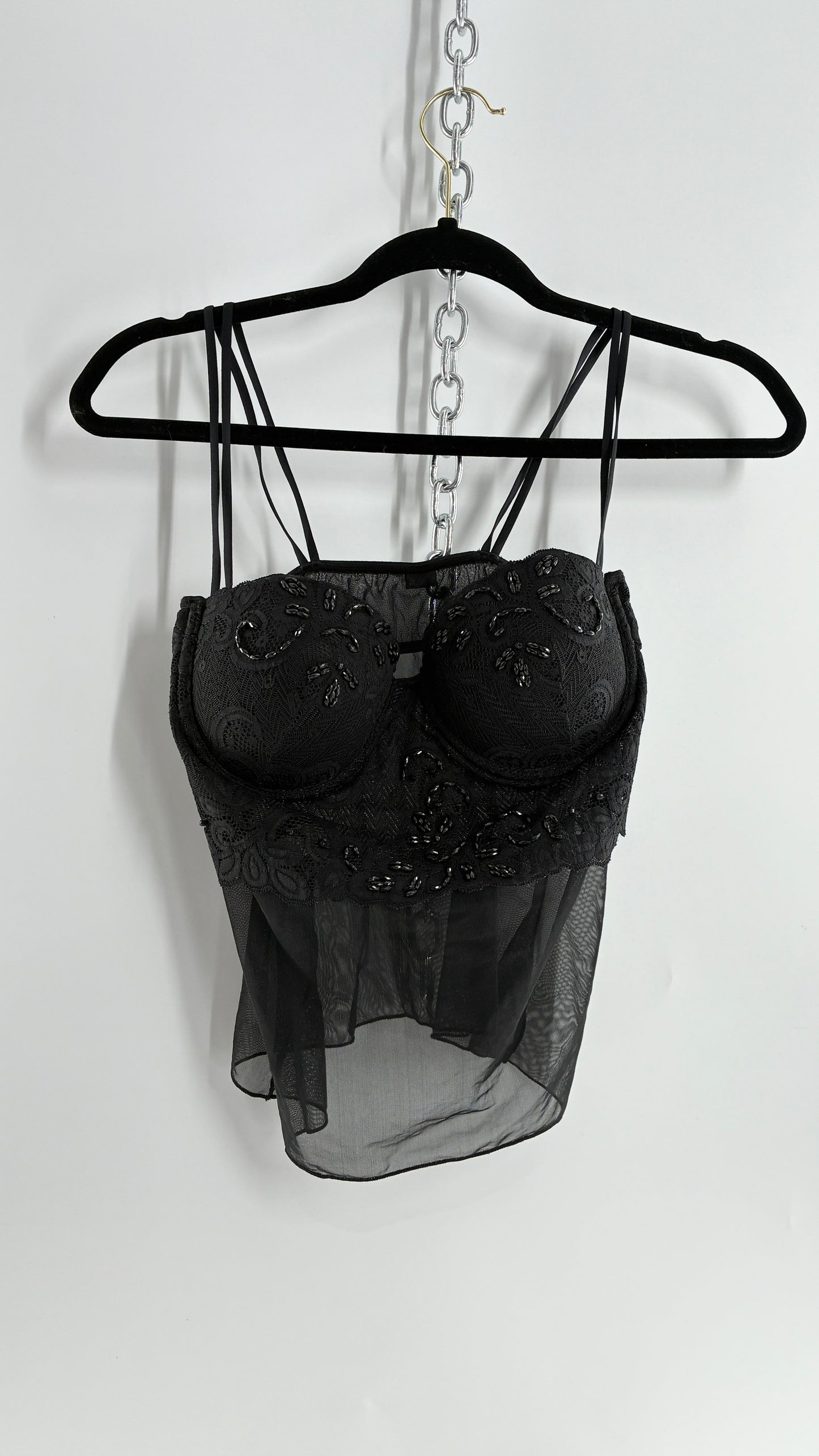 Vintage LA FRESCA Black Lace Bustier Babydoll with Mesh Bodice and Beaded Cups/Band (Large)