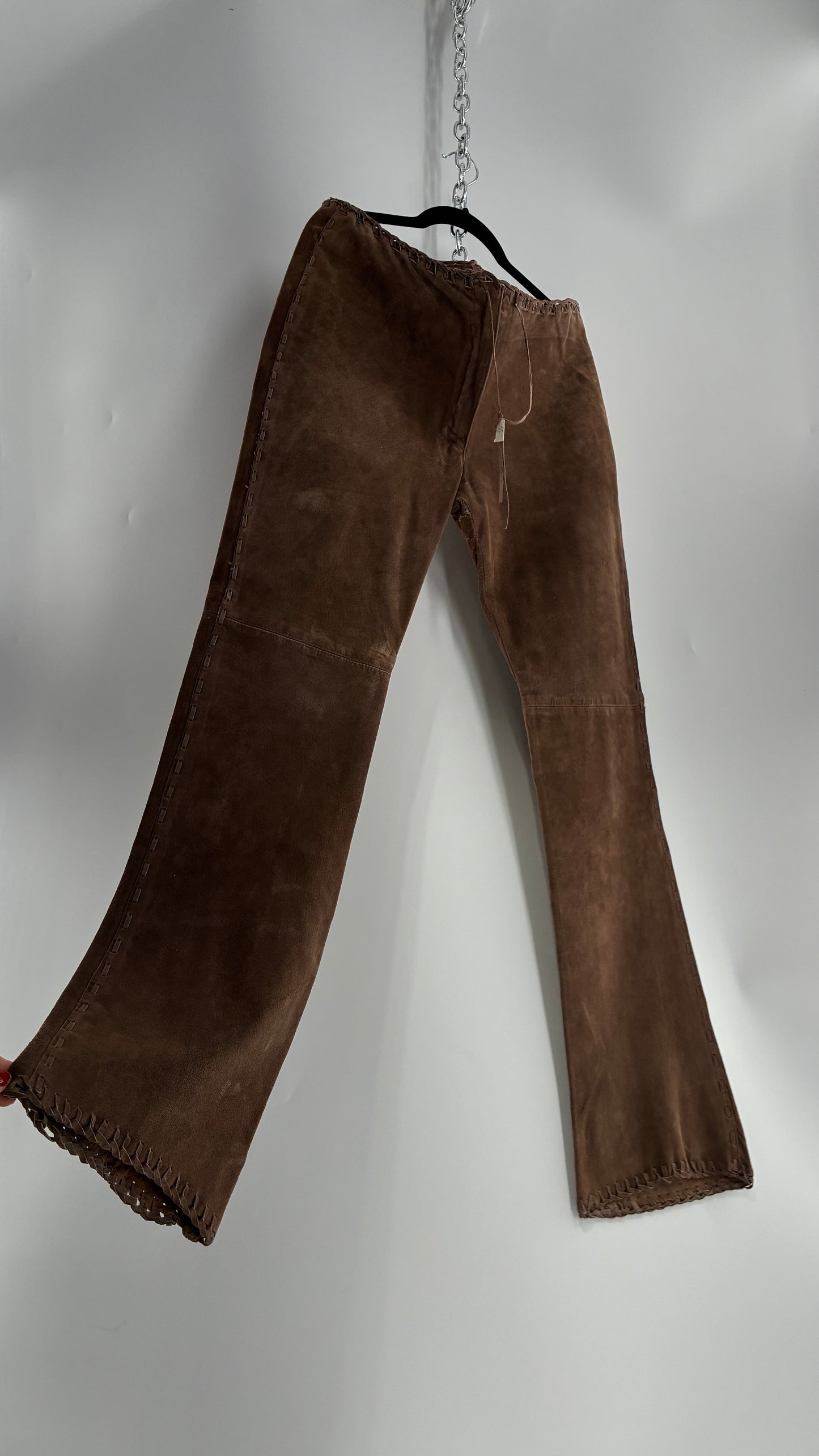 Vintage SWEET ROMEO Suede Leather Stitch Side, Braided Hem Pants (10)