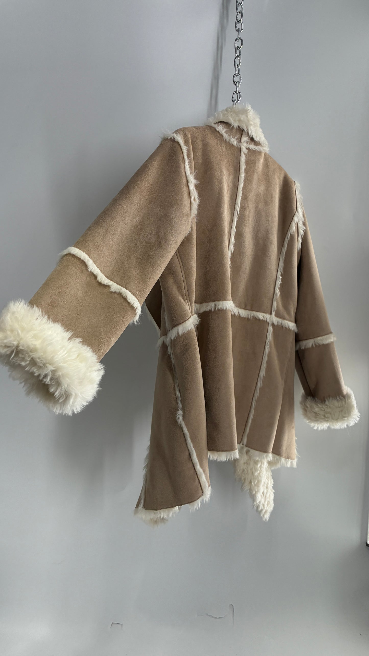 Fabulous Furs Vegan Suede Coat with Faux Fur Piping and Cuffs (Large)