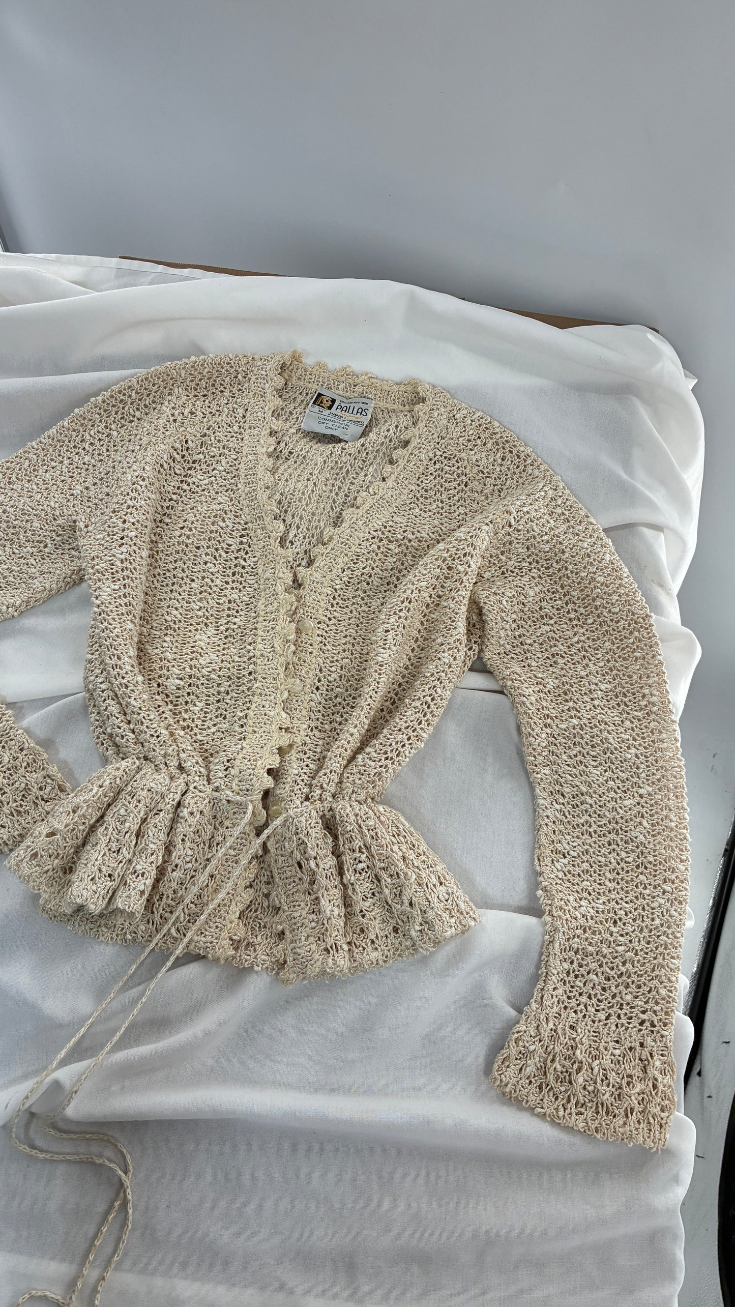 Vintage 1970s PALLAS 100% Pure Irish Linen Hand Loomed Cinched Cardigan (Medium)