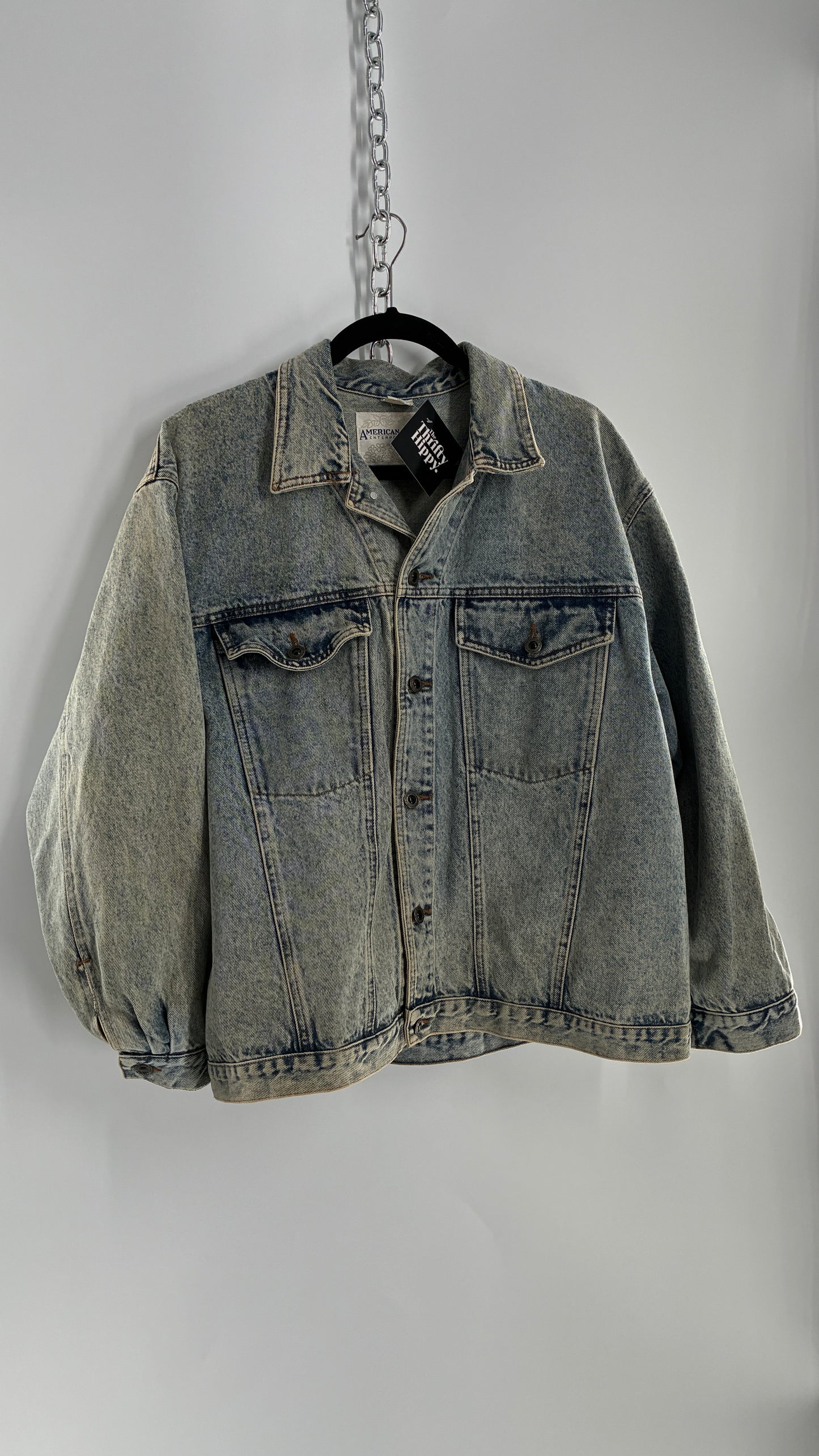 Vintage American Pacific Acid Wash Denim Jacket with Floral Patterned Cuffs (Large)