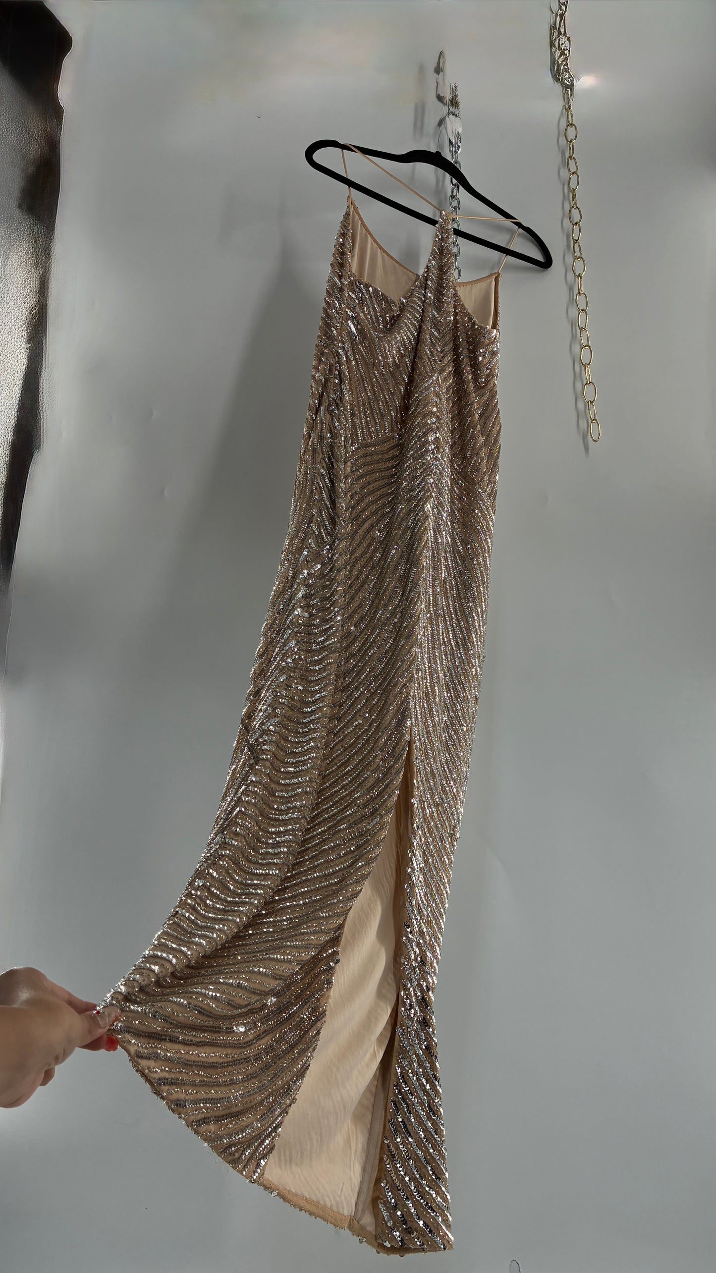 MESHKI Tierra Nude Full Length Dress with Silver Sequins with Tags Attached (XXXL)