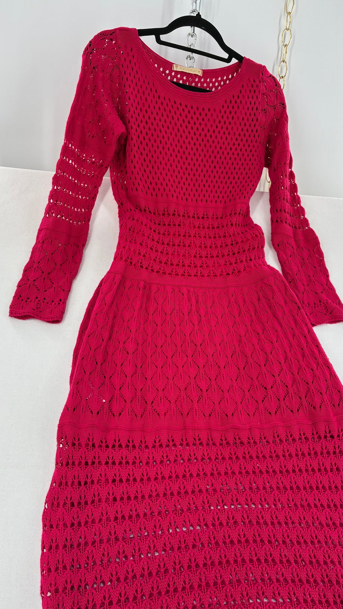 Imported Vintage AQUAMAR Hot Pink Crochet Full Length Dress with Waist Definition  (M)