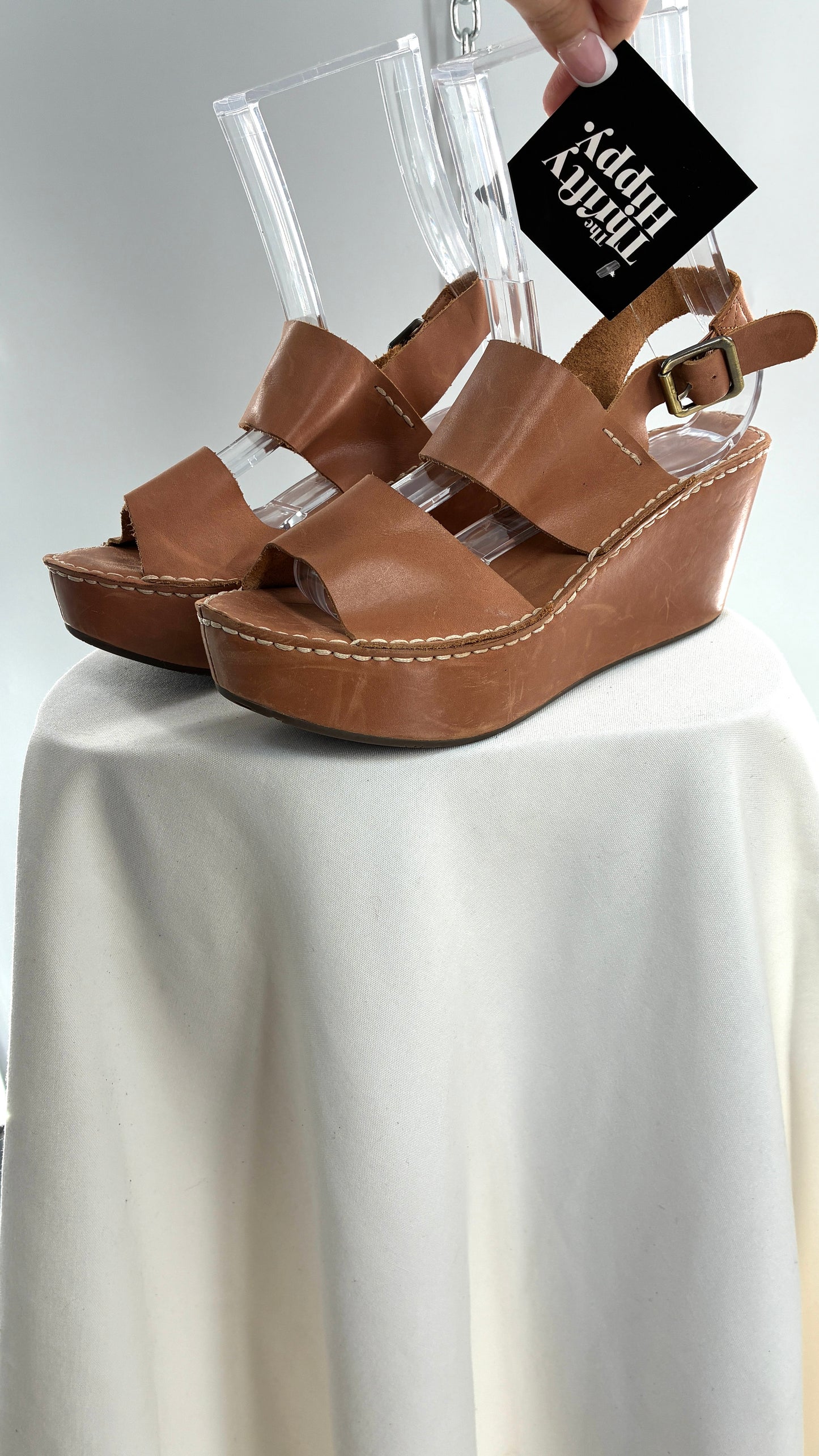 Chocolat Blu Tan Genuine Leather Wedge Platform Sandals (8.5)