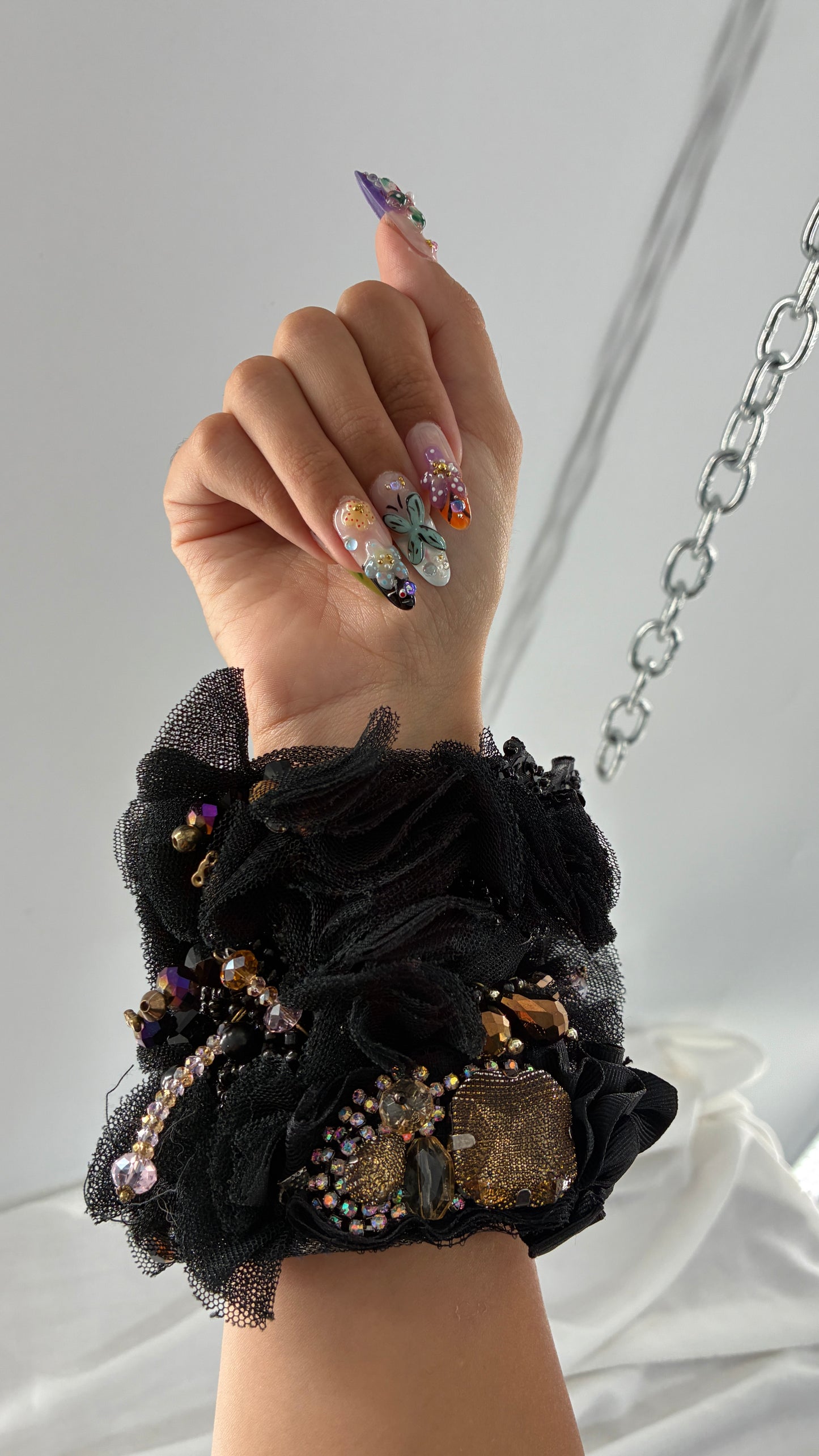 Vintage Black Tulle Jeweled Maximalist Statement Cuff Bracelet