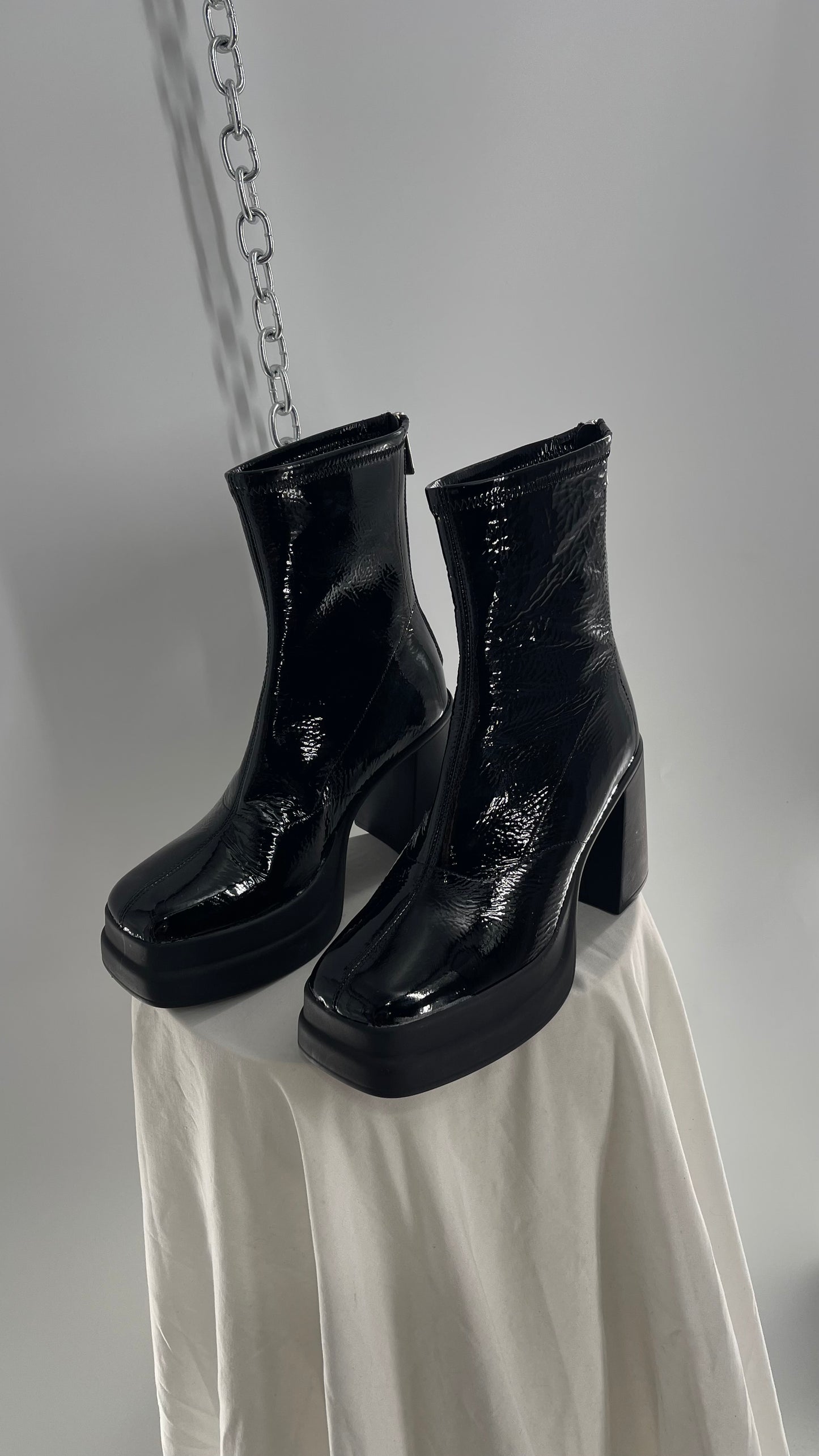 Free People Double Stack Platform Black Patent Leather Boot (38)