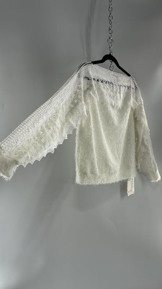 Deadstock White Shaggy Sweater with Thick Scalloped Lace Neckline + Arm Detail and Tags Attached (Medium)