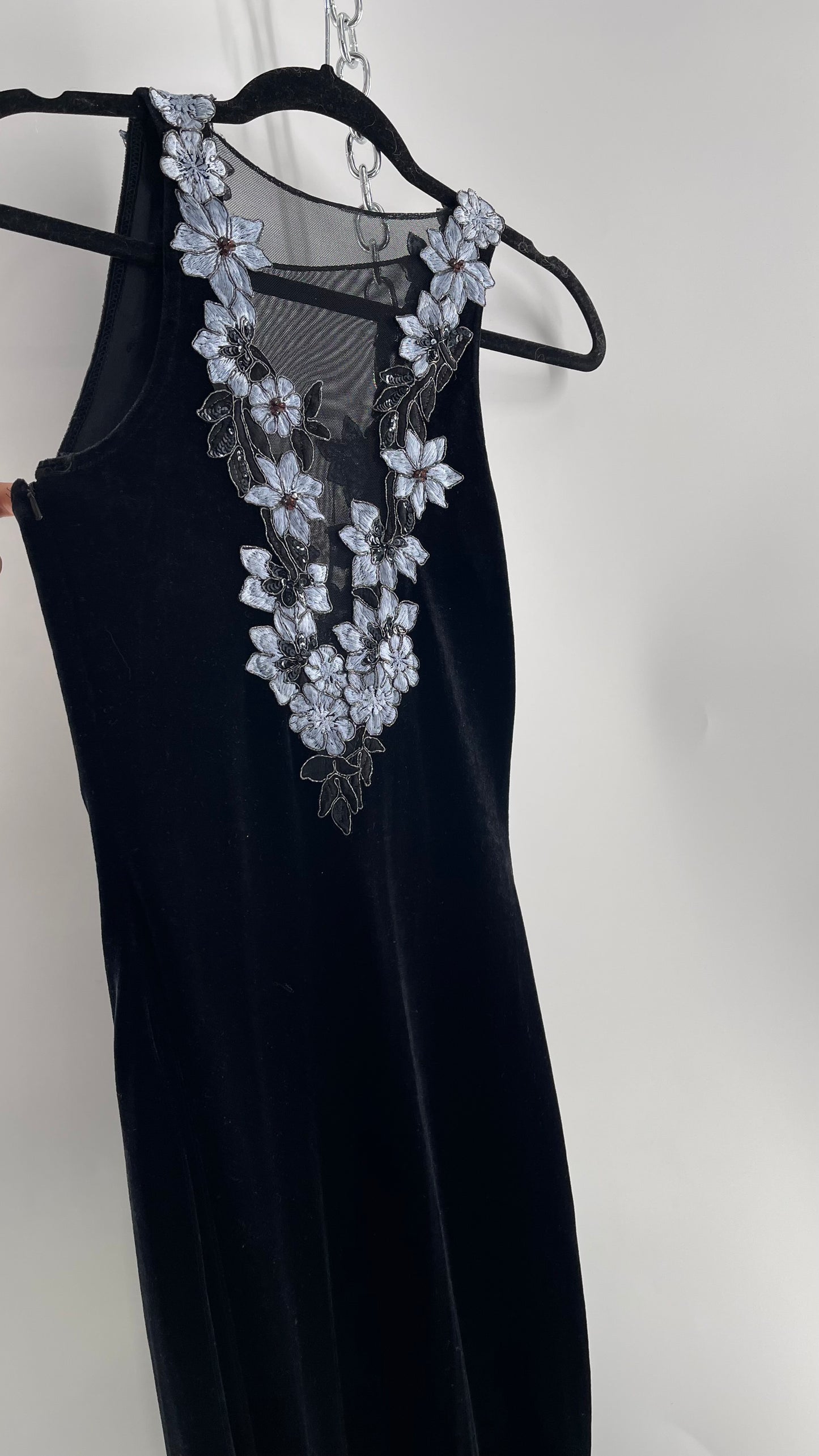 Vintage Jessica McClintock Black Velvet Fit And Flare Gown with Plunging Neckline Covered in Embroidered Beaded Pale Blue Flowers (2)