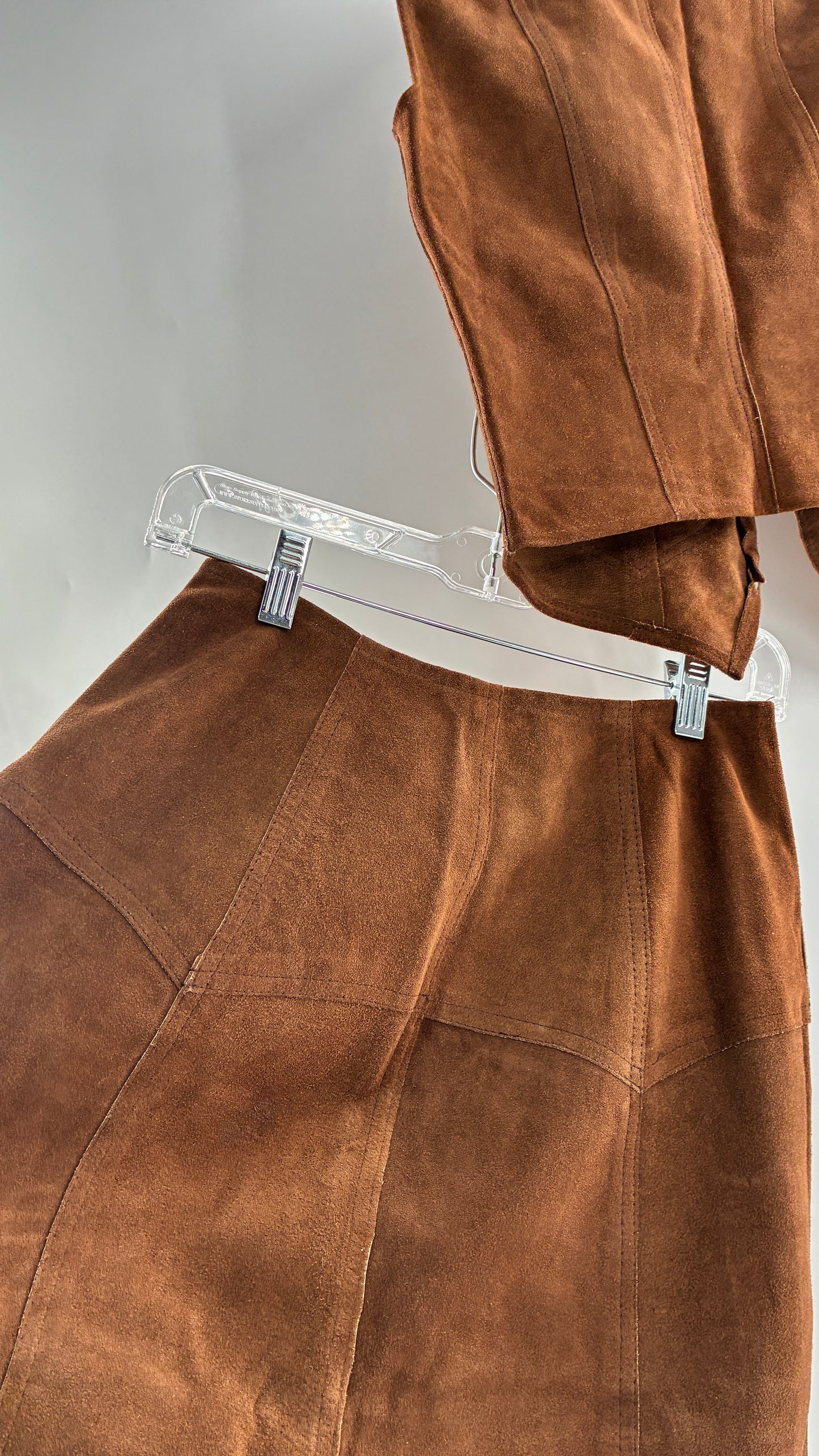 Vintage 1970s Genuine Suede Brown Leather Button Front Skirt and Vest Made in Mexico (XS/S)