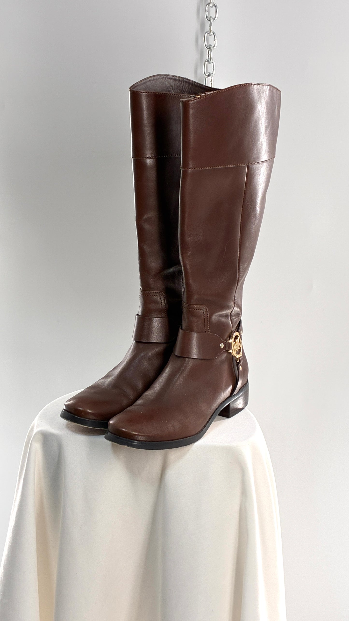 Vintage MICHAEL KORS Knee High Brown Genuine Leather Moto Boot with Gold Detailing (9)