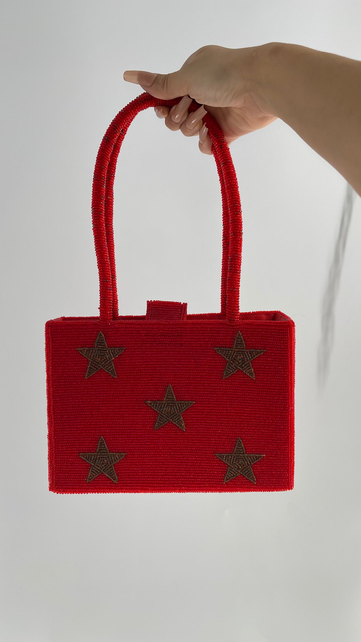 Vintage Lynne Jerome Red Beaded Box Bag with Gold Stars