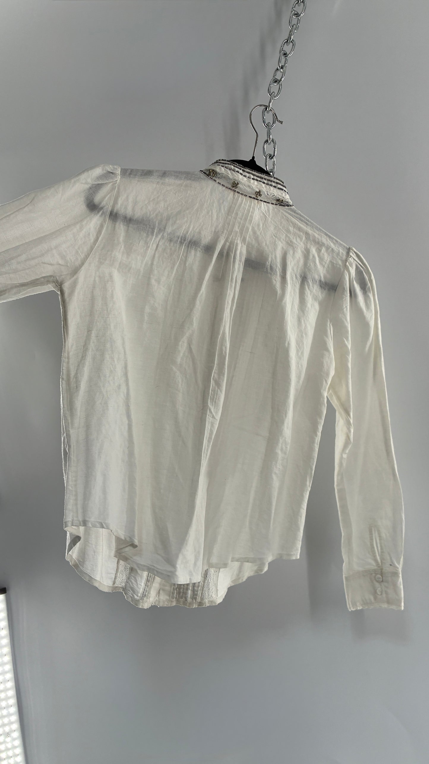 Anthropologie FLOREAT Linen Cotton White Button Up with Lace and Rhinestone Details (4P)