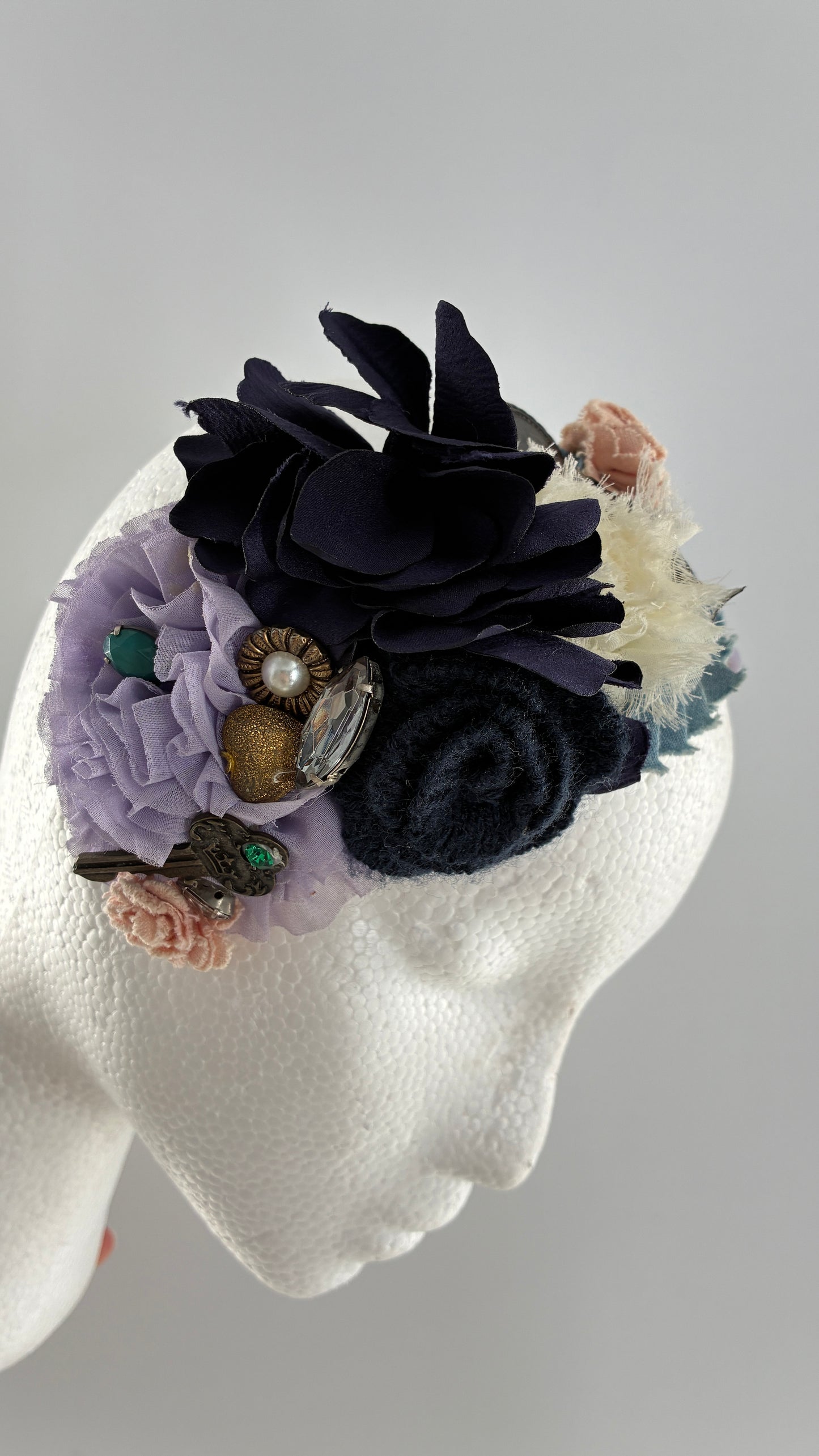Vintage FARMER Handmade Lilac Headband with Purple Ribbon,  Pleated, Floral, and Gemstone Appliqués