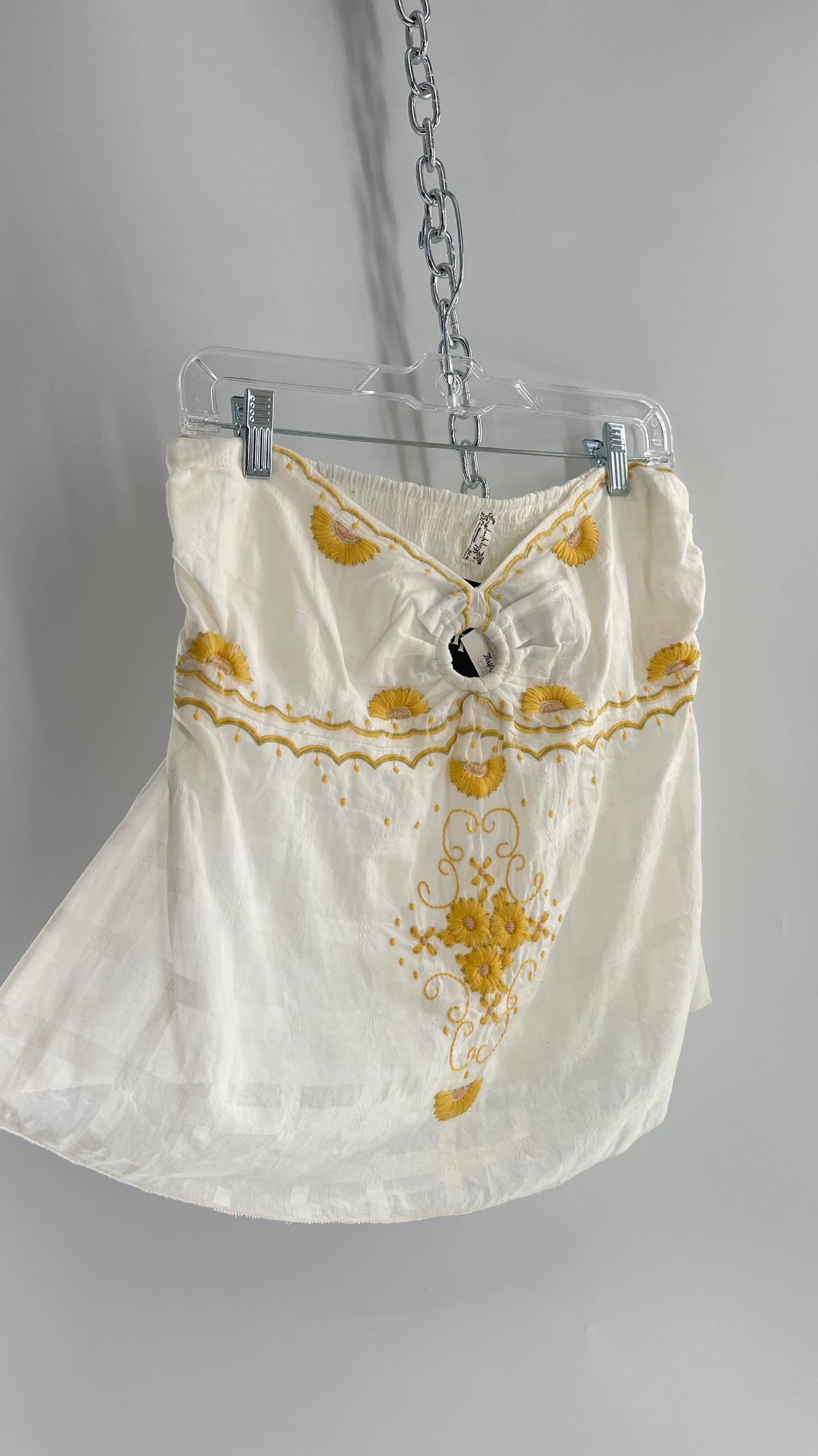 Intimately Free People White Cotton Tube Tank with Yellow Embroidered Detailing (L)