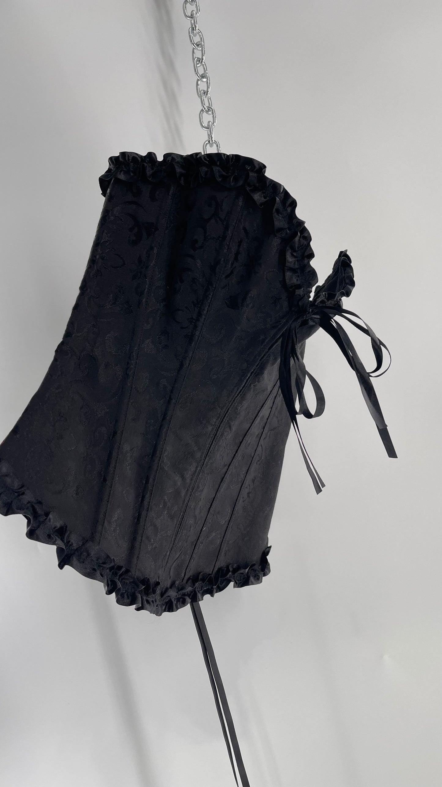 Adore Me Black Brocade Lace Back Ruffle Ribbon Trim (S/M)