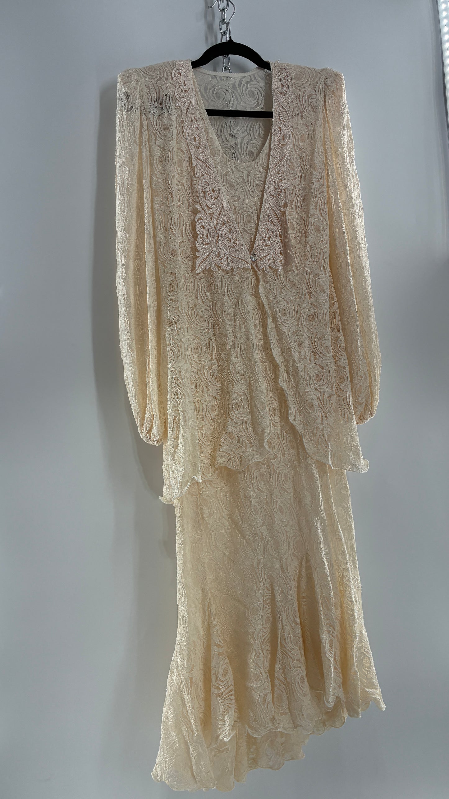 Vintage SARA MIQUE New York Off White Maxi Dress and Balloon Sleeve Cardigan Set (M)