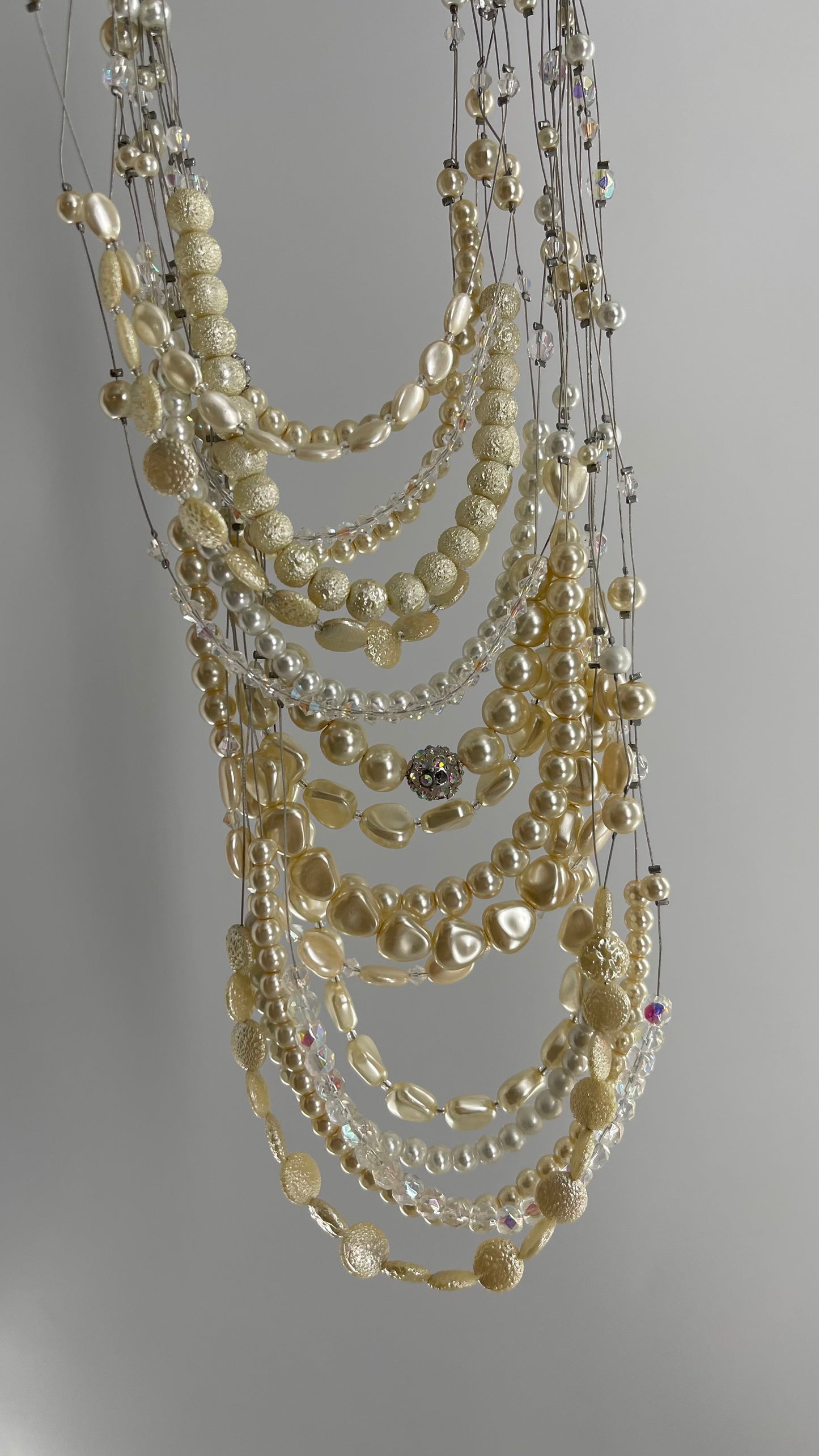 Vintage Handmade Exaggerated Multi Layer Pearl, Beaded Statement Necklace for Plunging Necklines