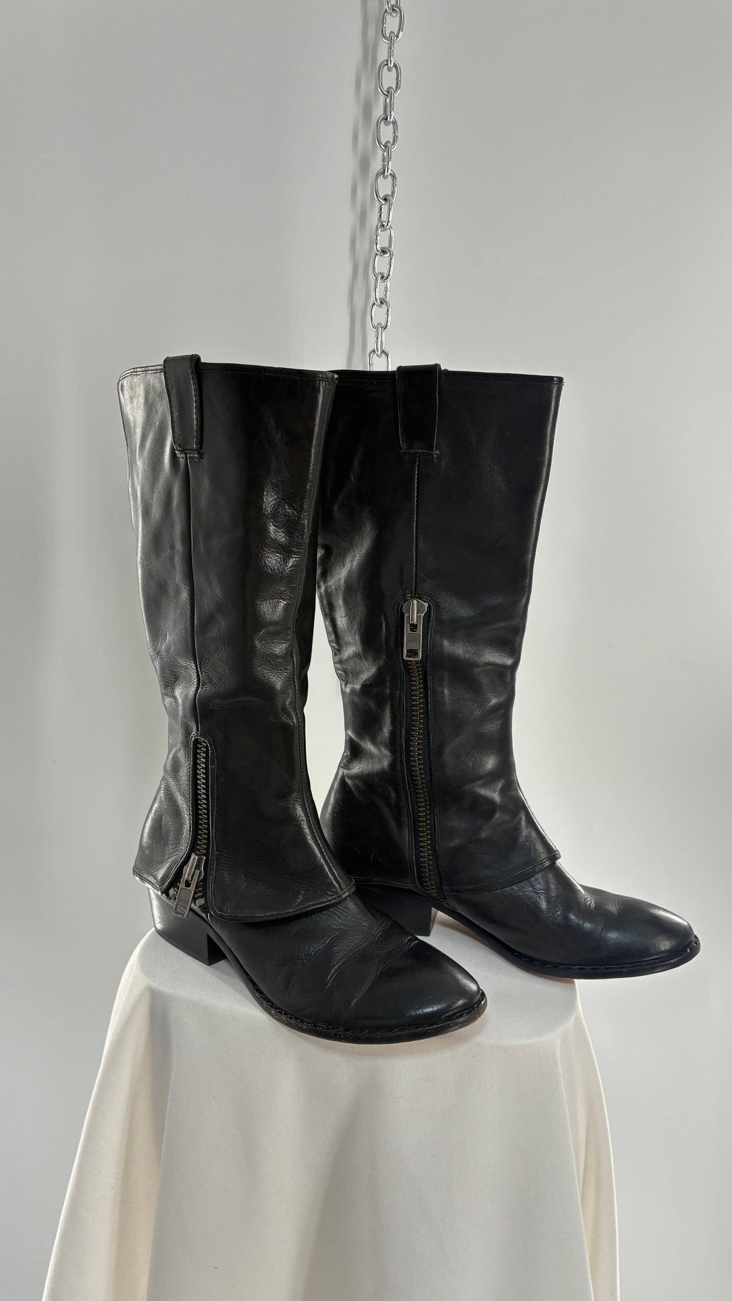 Vintage KORK EASE Black Genuine Leather Fold Over Boots with Heavy Metal Detailing (9/40.5)