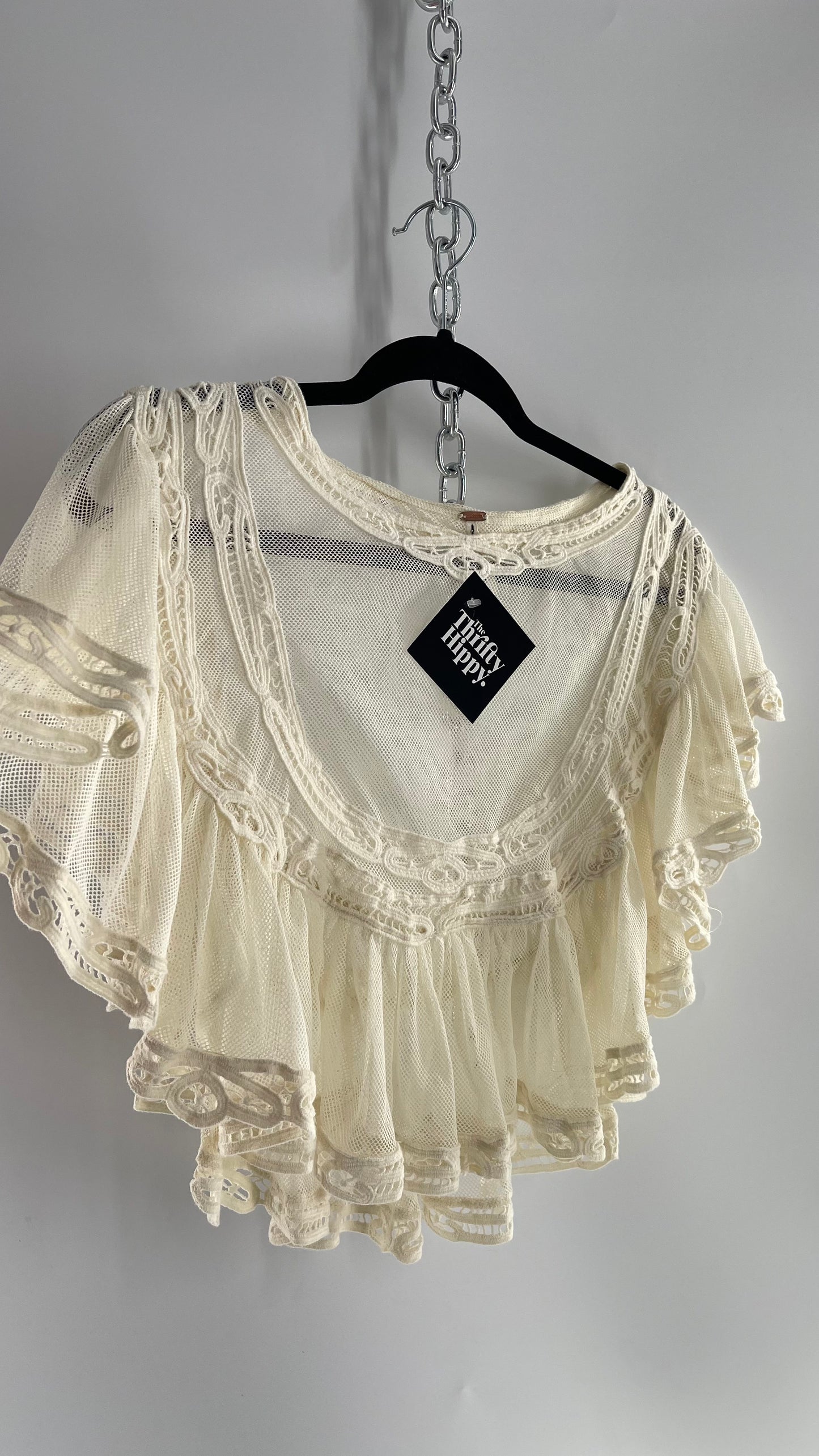 Free People Off White Mesh Lace Trim Bib/Collar Cropped Blouse (Small)