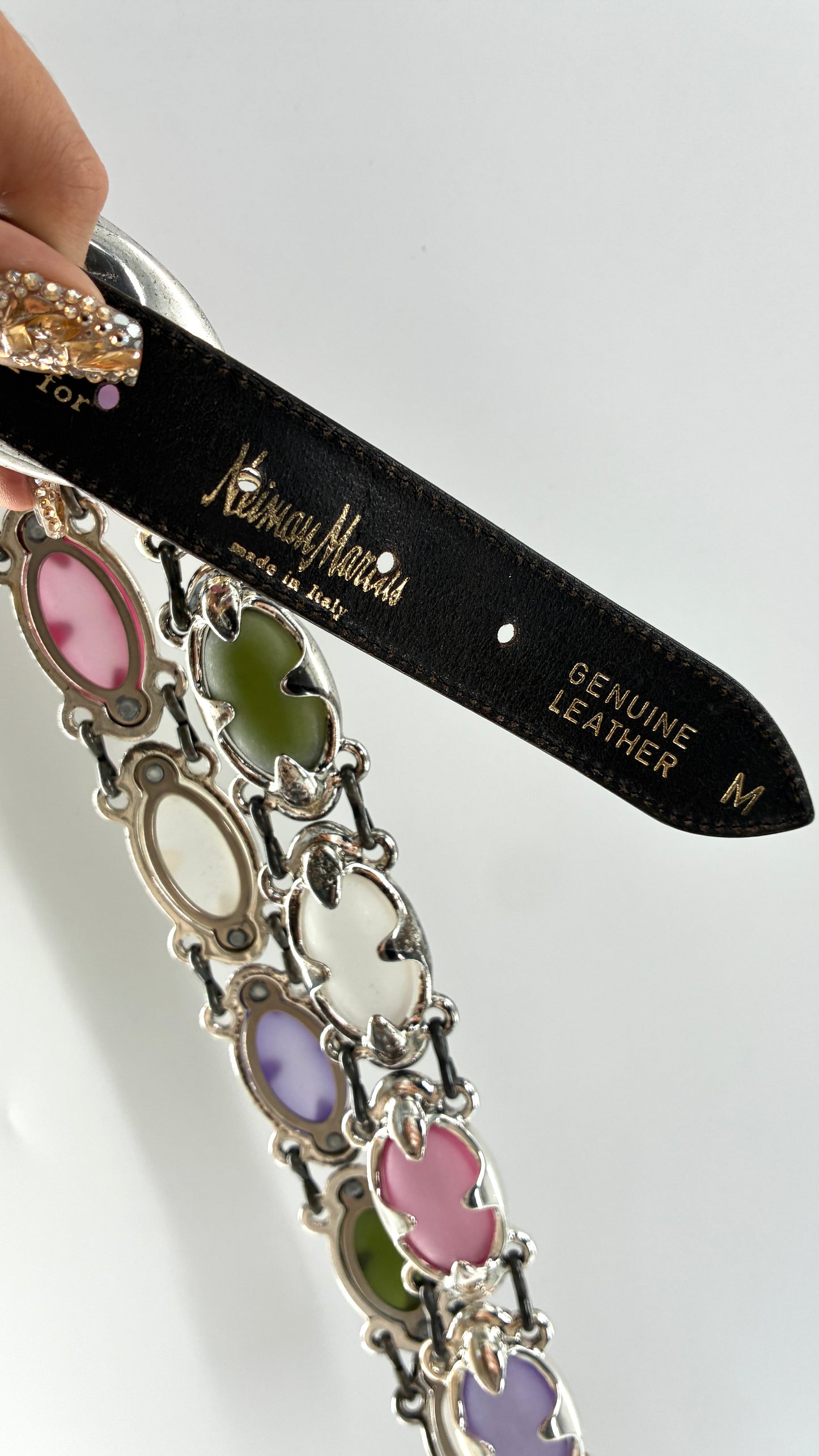 Vintage NEIMAN MARCUS Linea Pelle  Silver Metal Belt with Oversized, Sautered Gemstone Details Made in Italy (Medium)