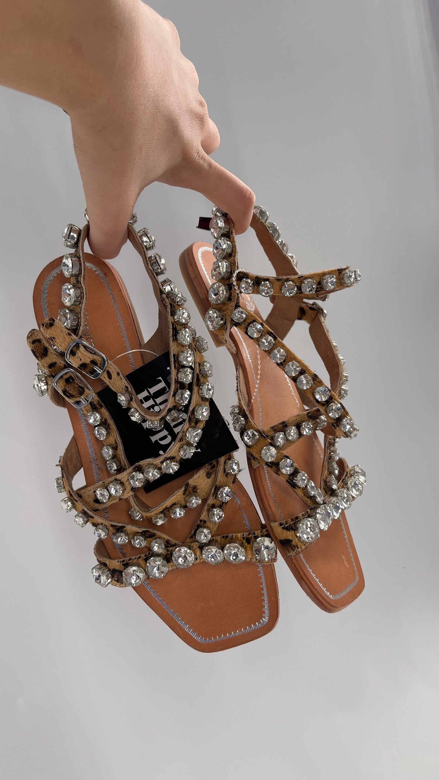 Jeffrey Campbell Rhinestone Encrusted Strappy Sandal with Cheetah Printed Cow Fur Straps (7)