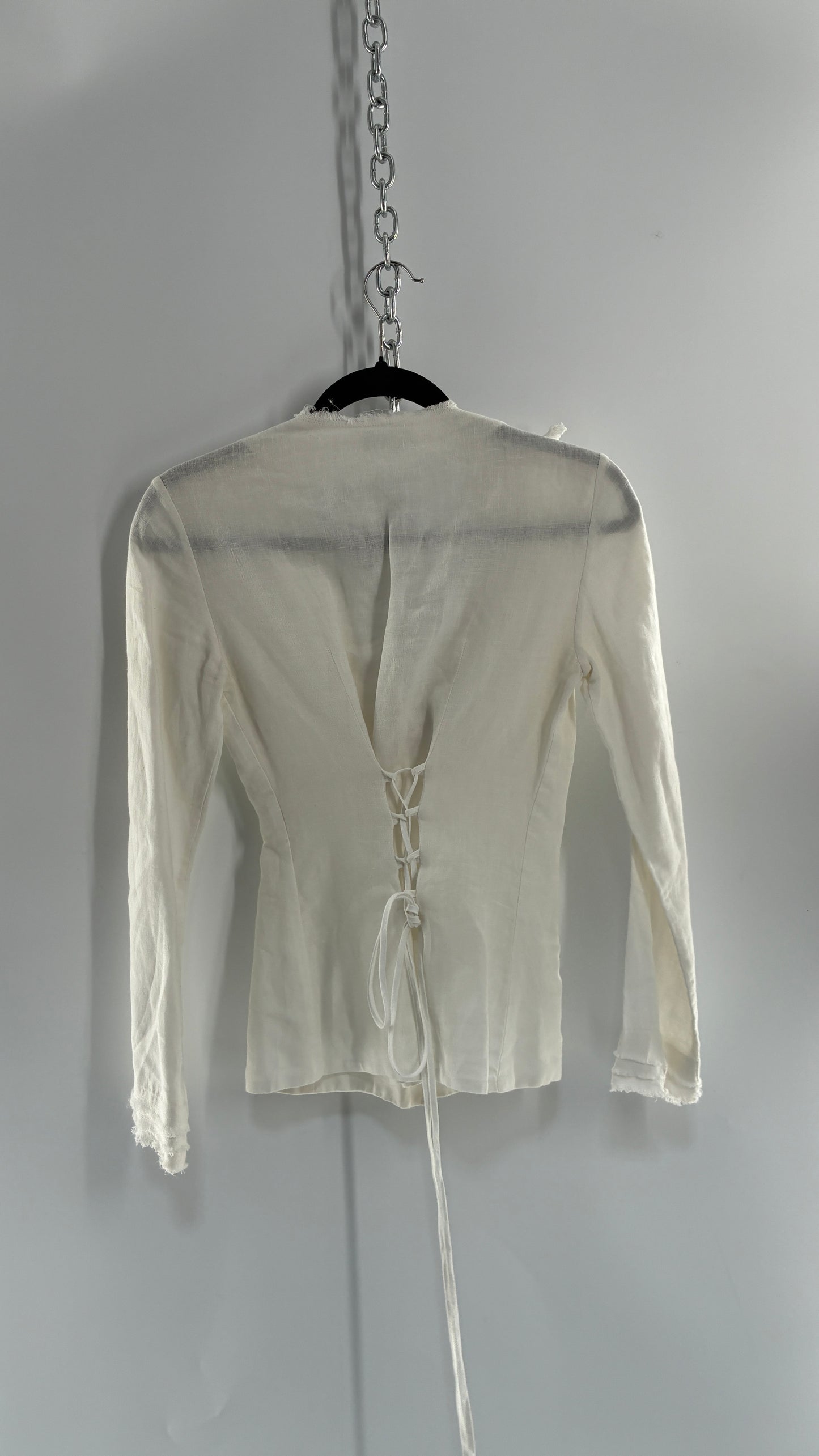 Vintage ANNE FONTAINE Off White Linen Woven Button Up Blouse with Back Corseting, Pearlescent Shell Buttons, and Rosette Details (36)