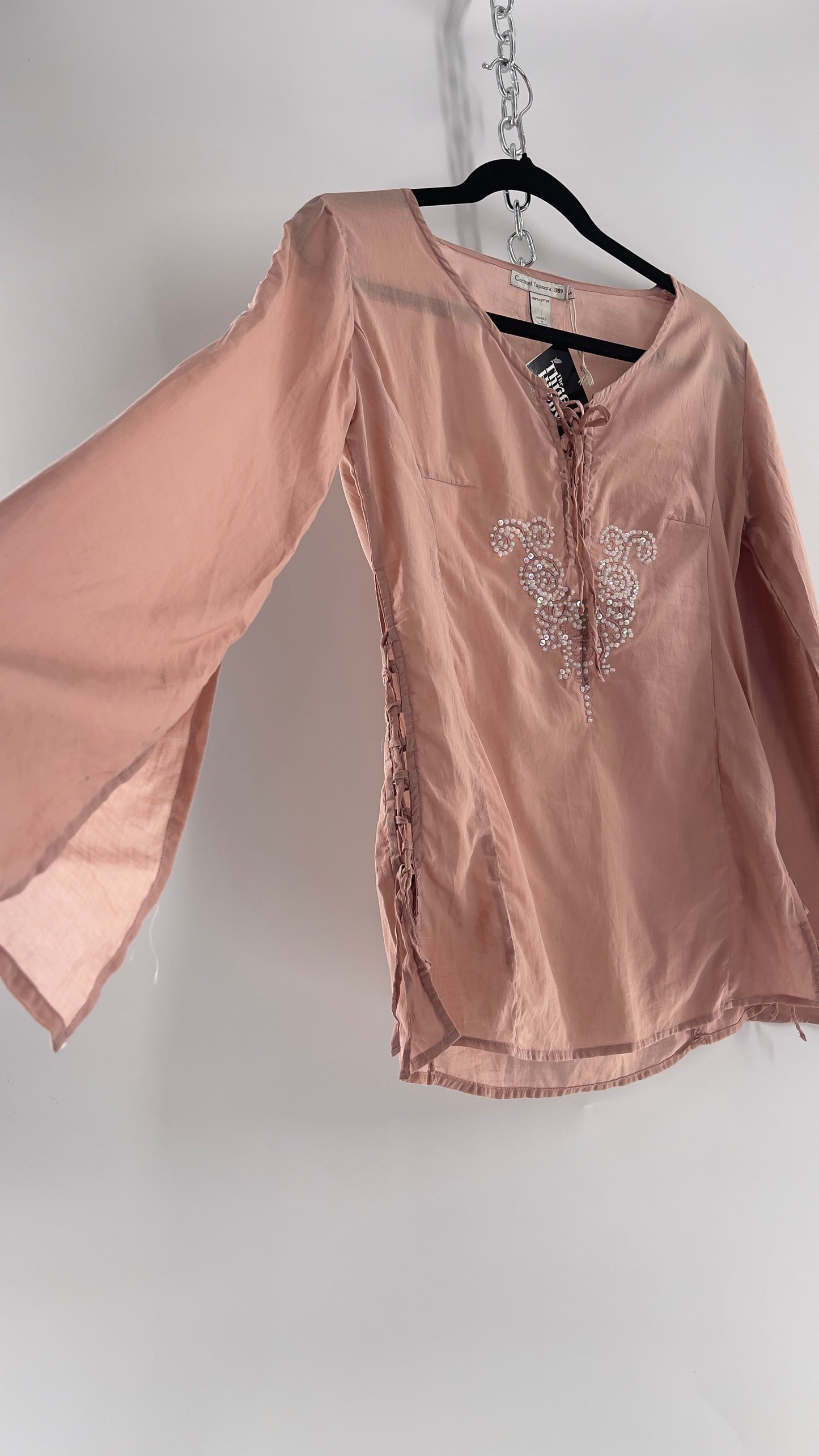 Vintage Coronel Tapioca Dusty Pink Tunic with Beaded Designs and Lace Up Sides (Medium)