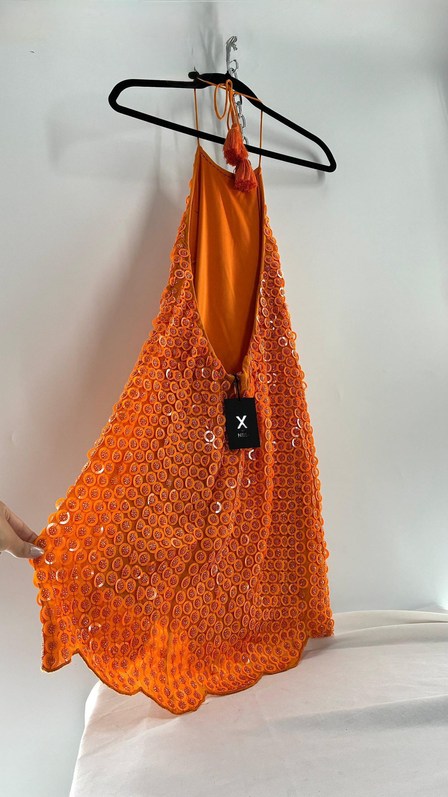 X by NBD Orange Backless Halter Mini Dress with Scalloped Hem, Covered in Beads and Sequins (Medium)