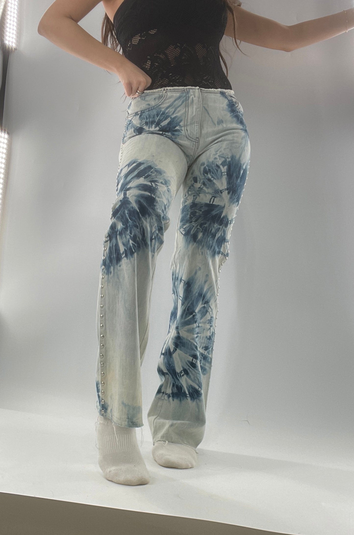 Vintage 1990s DKNY Light Bleached Jeans with Tie Dye Denim Pattern, Raw Edge Low Rise, and Studded Sides (5)