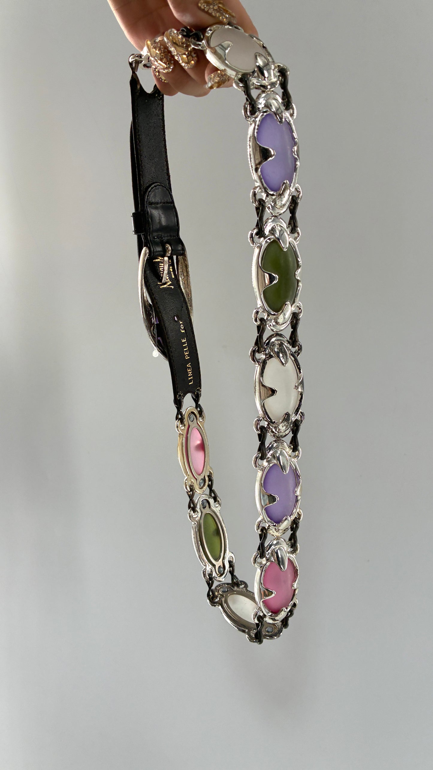 Vintage NEIMAN MARCUS Linea Pelle  Silver Metal Belt with Oversized, Sautered Gemstone Details Made in Italy (Medium)