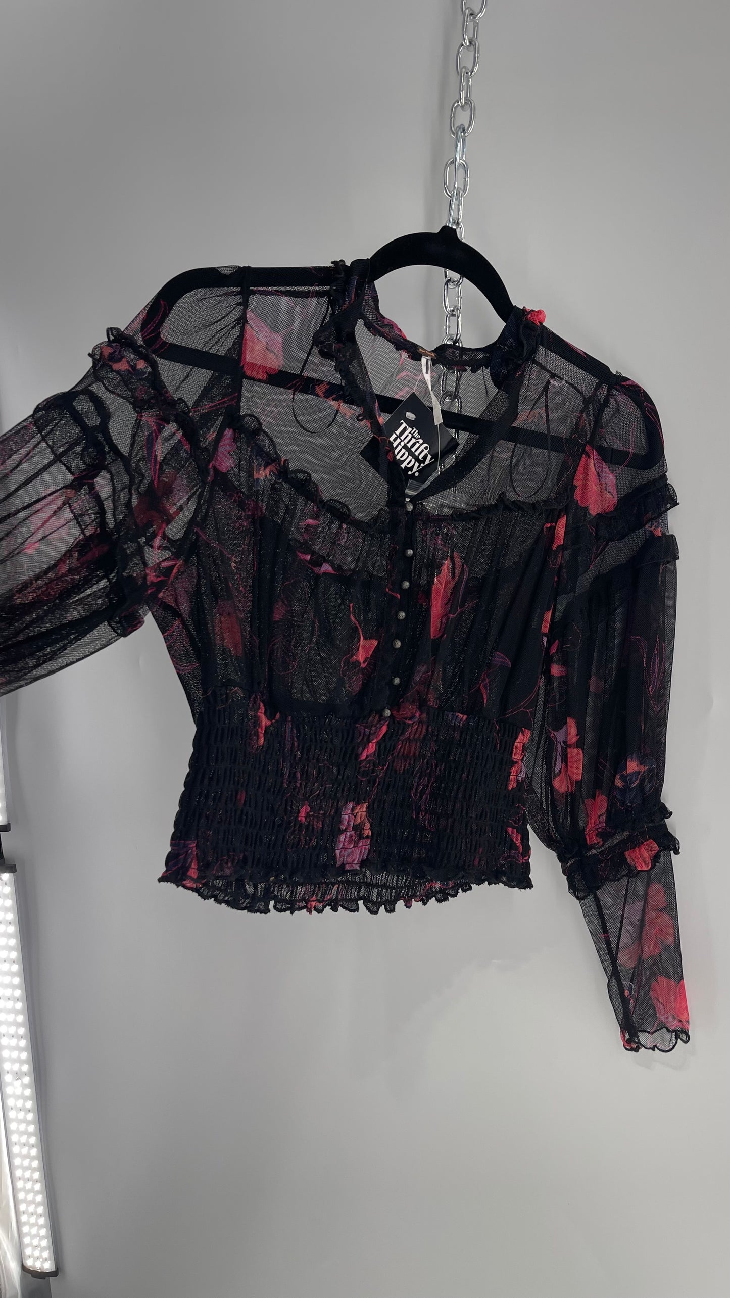 Free People Black Mesh Top with Smocked Waist, Buttoning and Contrasting Florals (Medium)