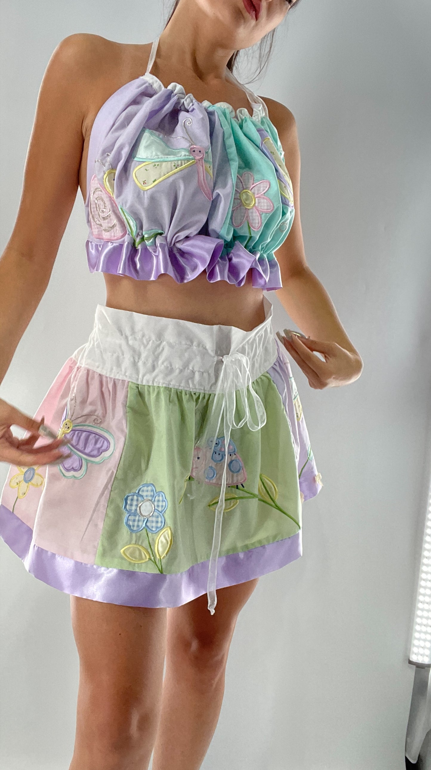 Vintage Custom 2piece Garden Gal Set Covered in Patchwork Butterflies, Dragonflies, Flowers, Snails and Pastels (One Size Fits Most)