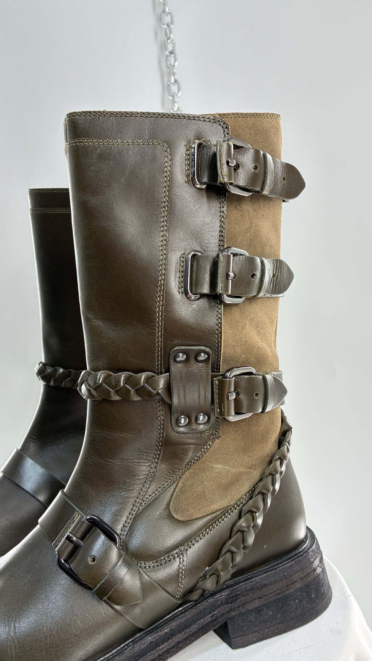 Free People Billie Olive Green Moto Boots with Buckle Closure (7)