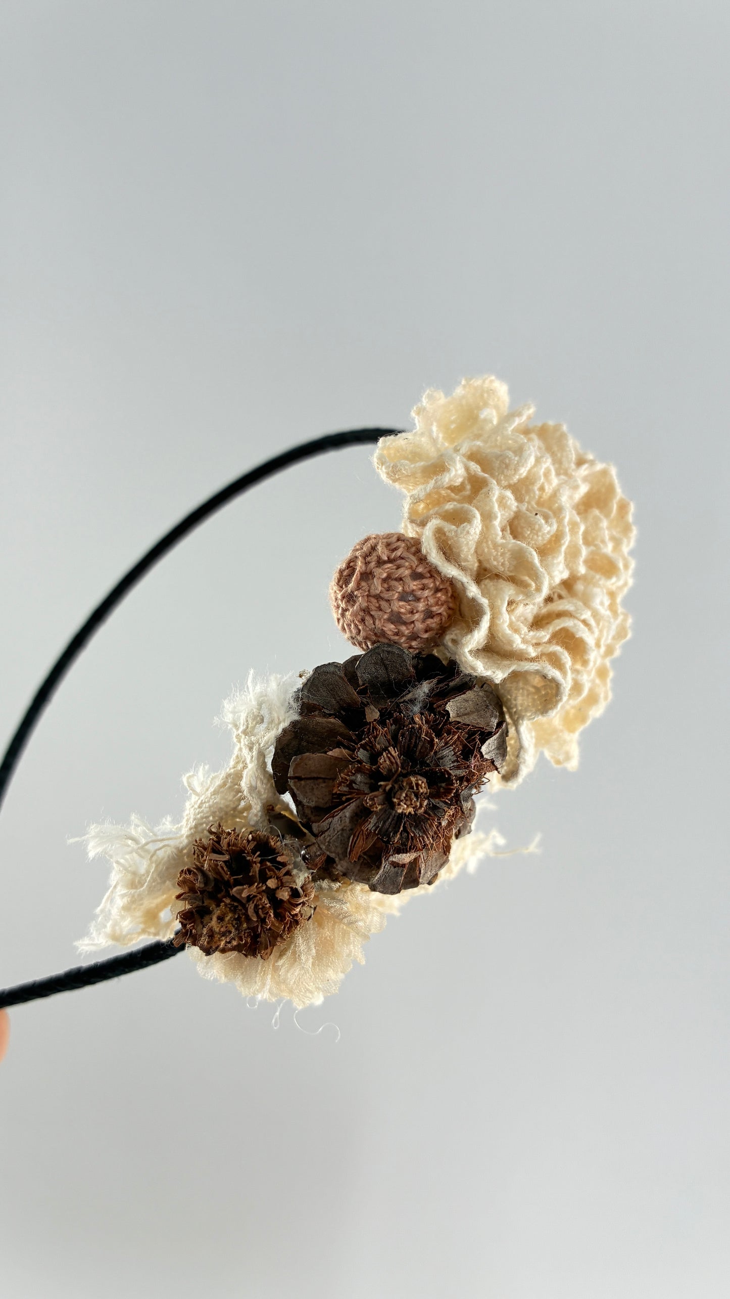 Vintage FARMER Handmade Discrete Headband with Crochet and Pine Appliqués