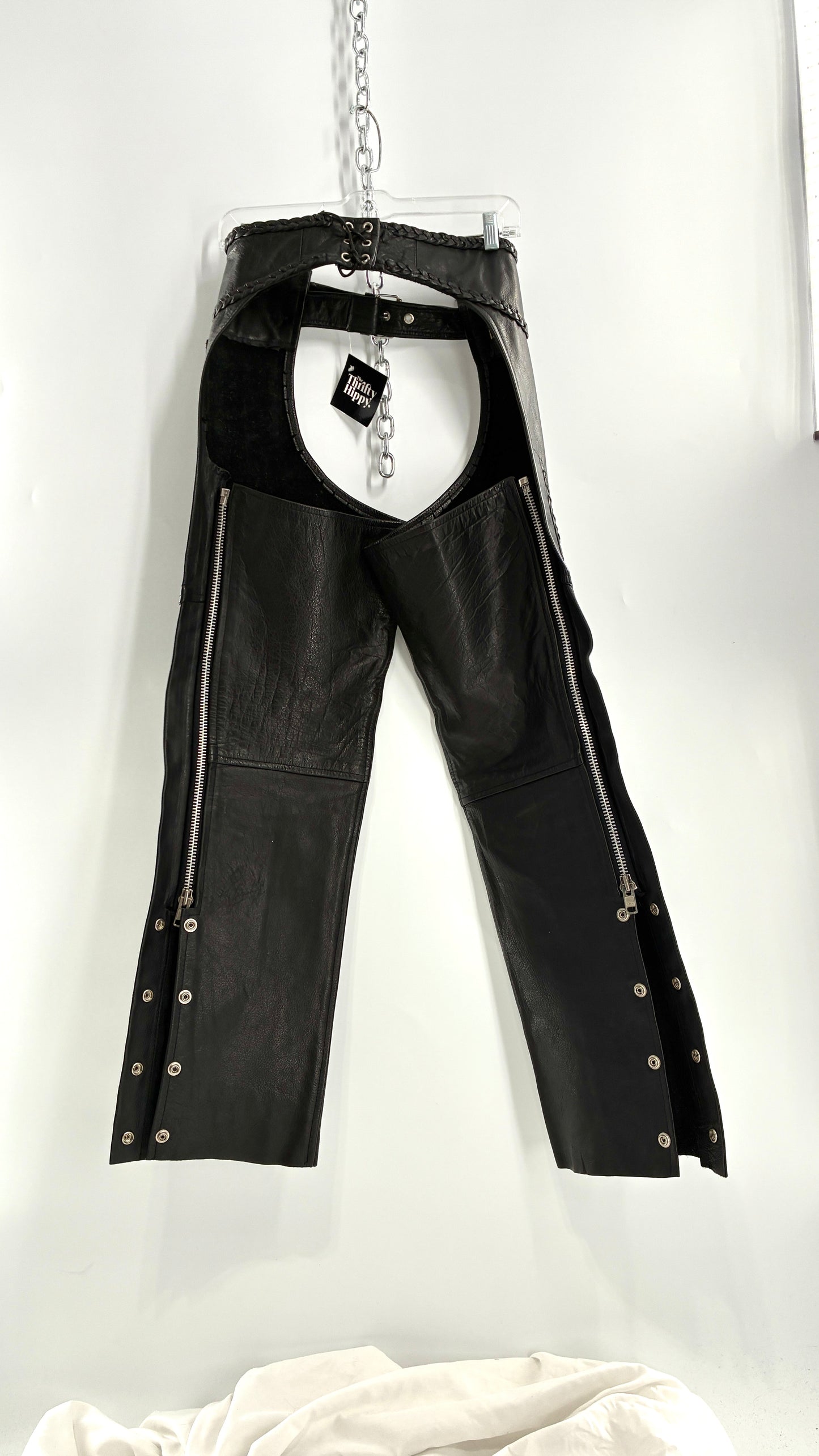 Vintage AMERICAN LEATHER Black Motorcycle Chaps/Pants with Mini Pocket, and Side Zipper Detailing (XS)