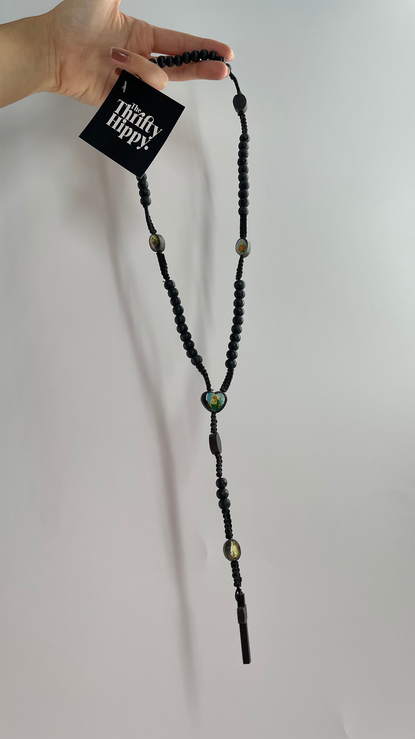 Vintage Black Rope Rosary Necklace Prayer Beads