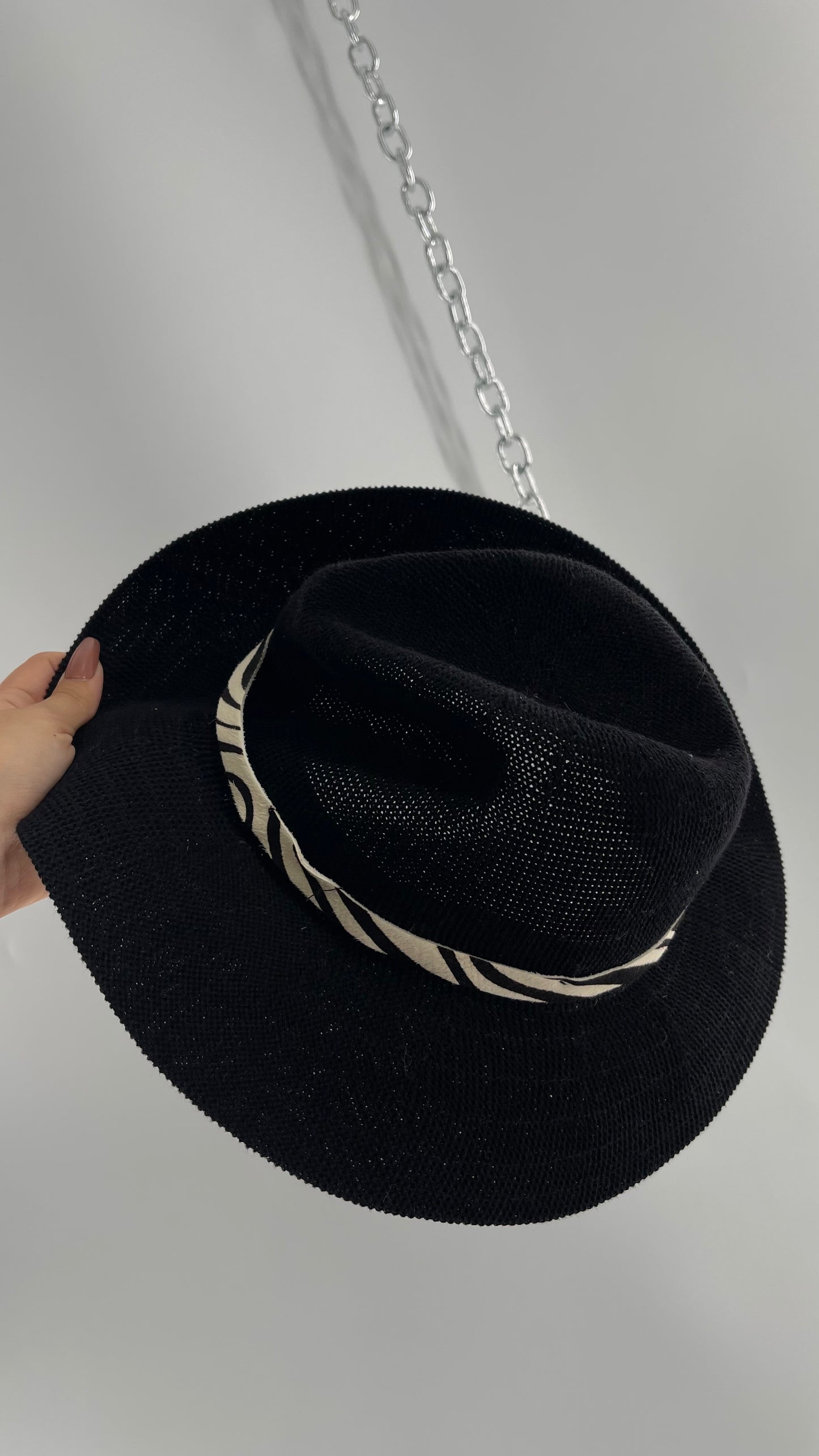 Free People Black 55% Cotton Woven Sun Hat with Textured Fur Belt