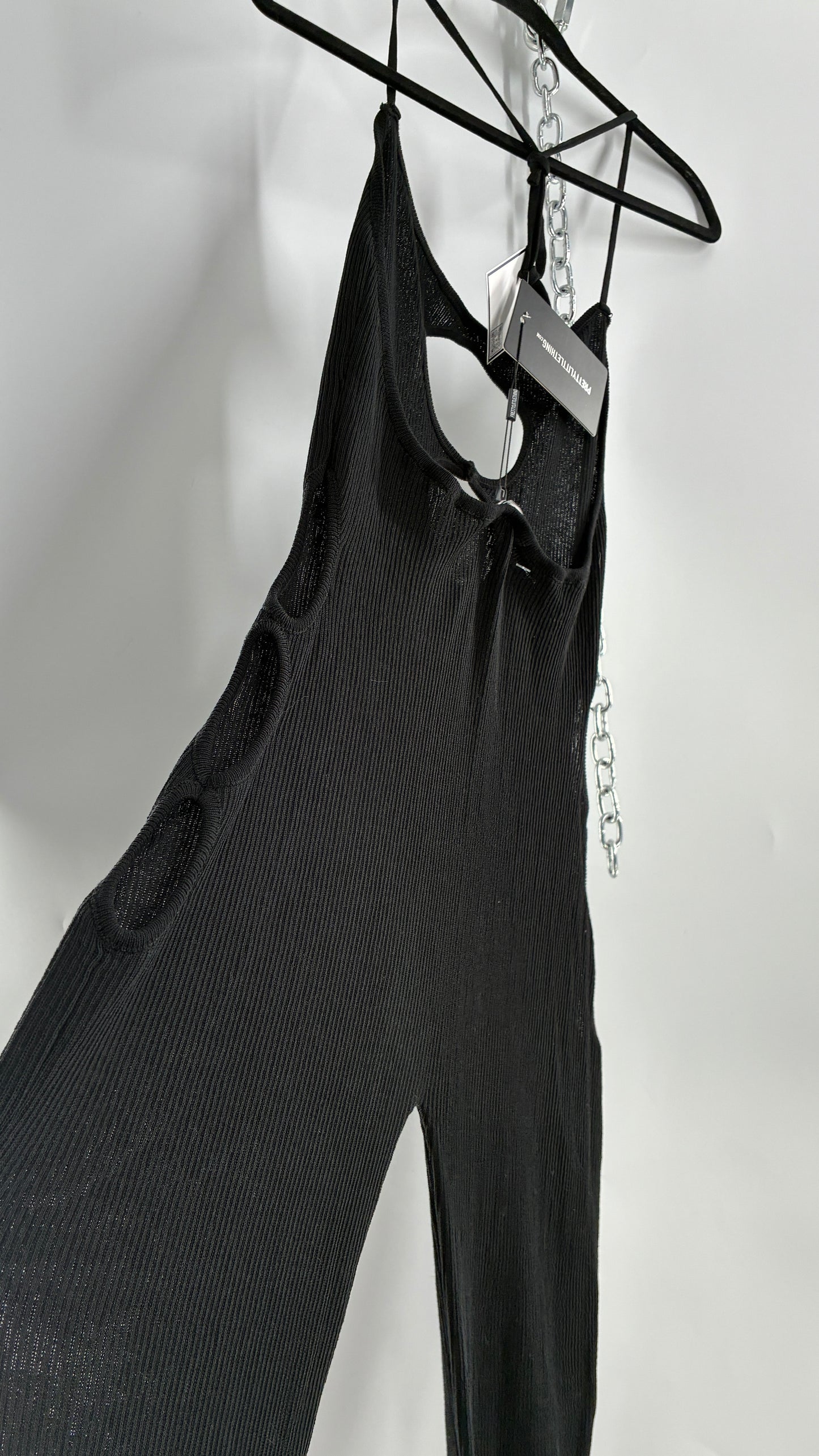 Pretty Little Thing Black Sheer Knit Cut Out Halter Neck Jumpsuit with Tags (Large)