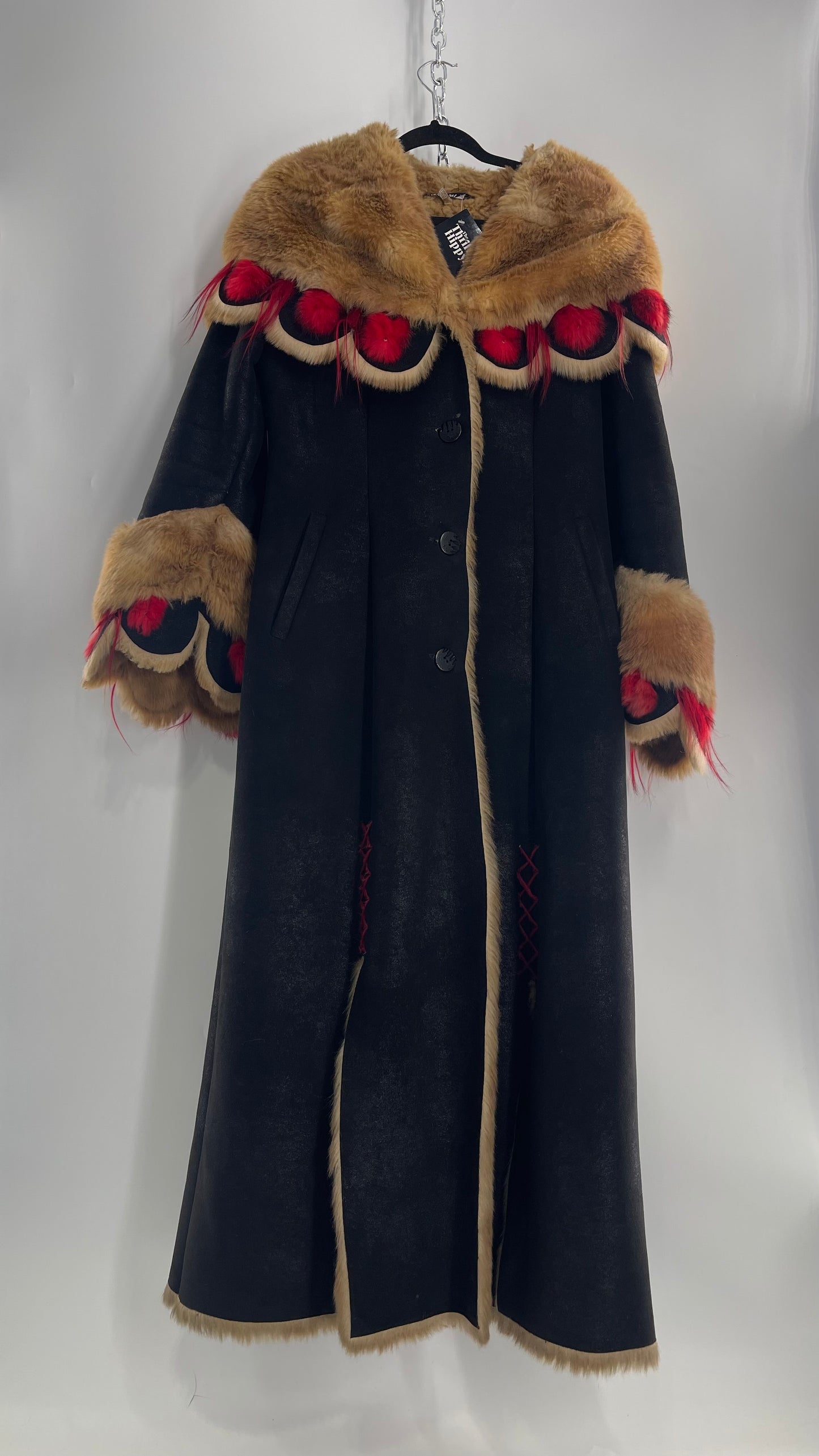 Vintage Russian Black Coat with Brown Fur Piping/Lining, Red Feathers, Scalloped Sleeve, and Hood (Medium)