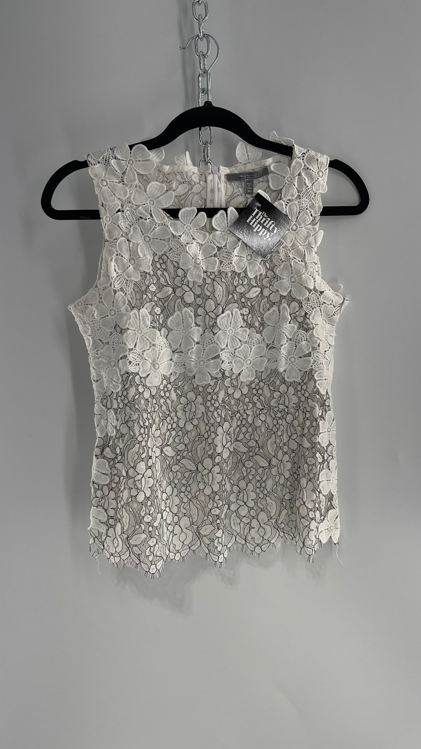 Anthropologie Blue Tassel White Lace Tank with White Lace Under bust and Collar Trim (XS)