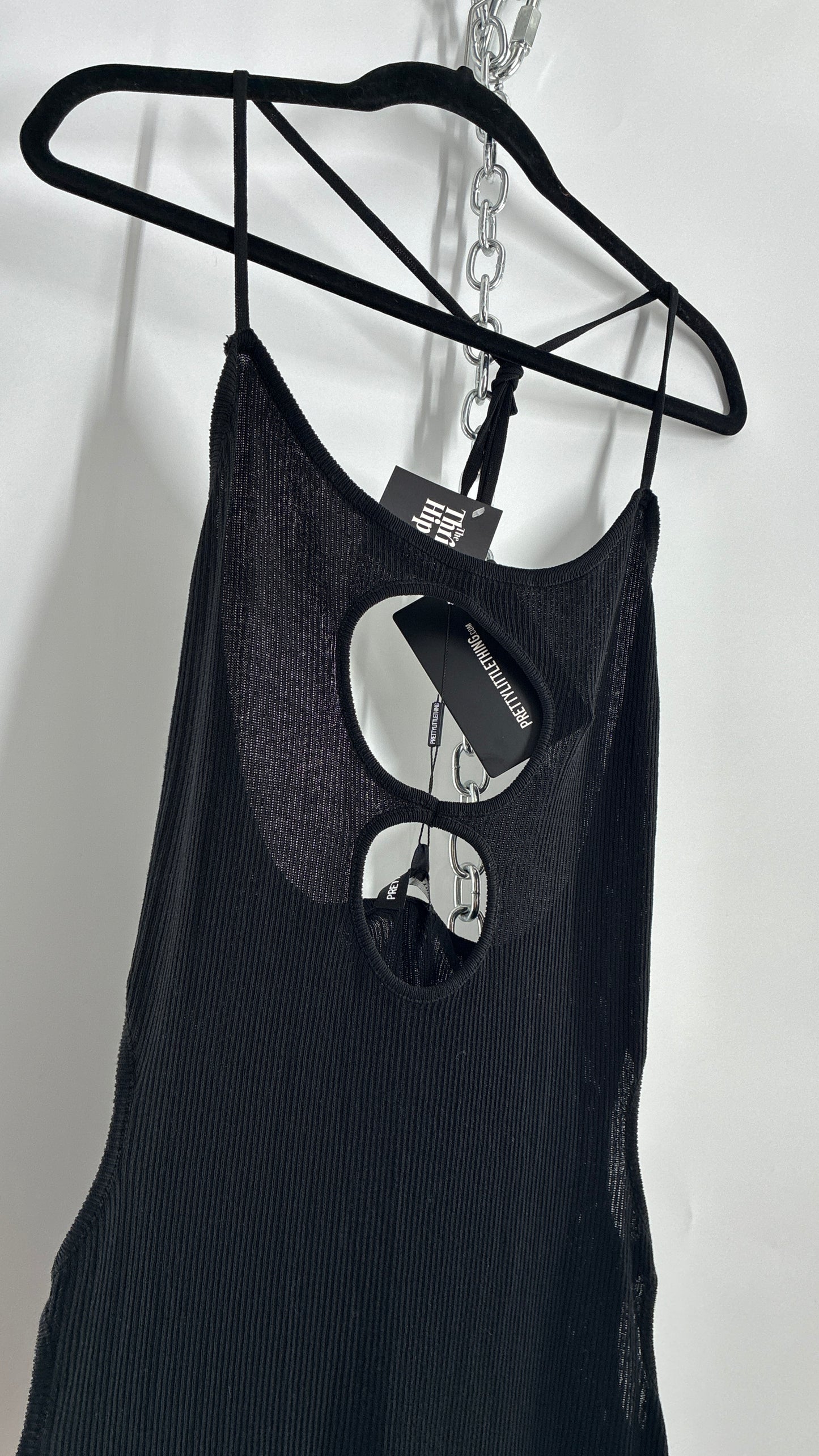 Pretty Little Thing Black Sheer Knit Cut Out Halter Neck Jumpsuit with Tags (Large)