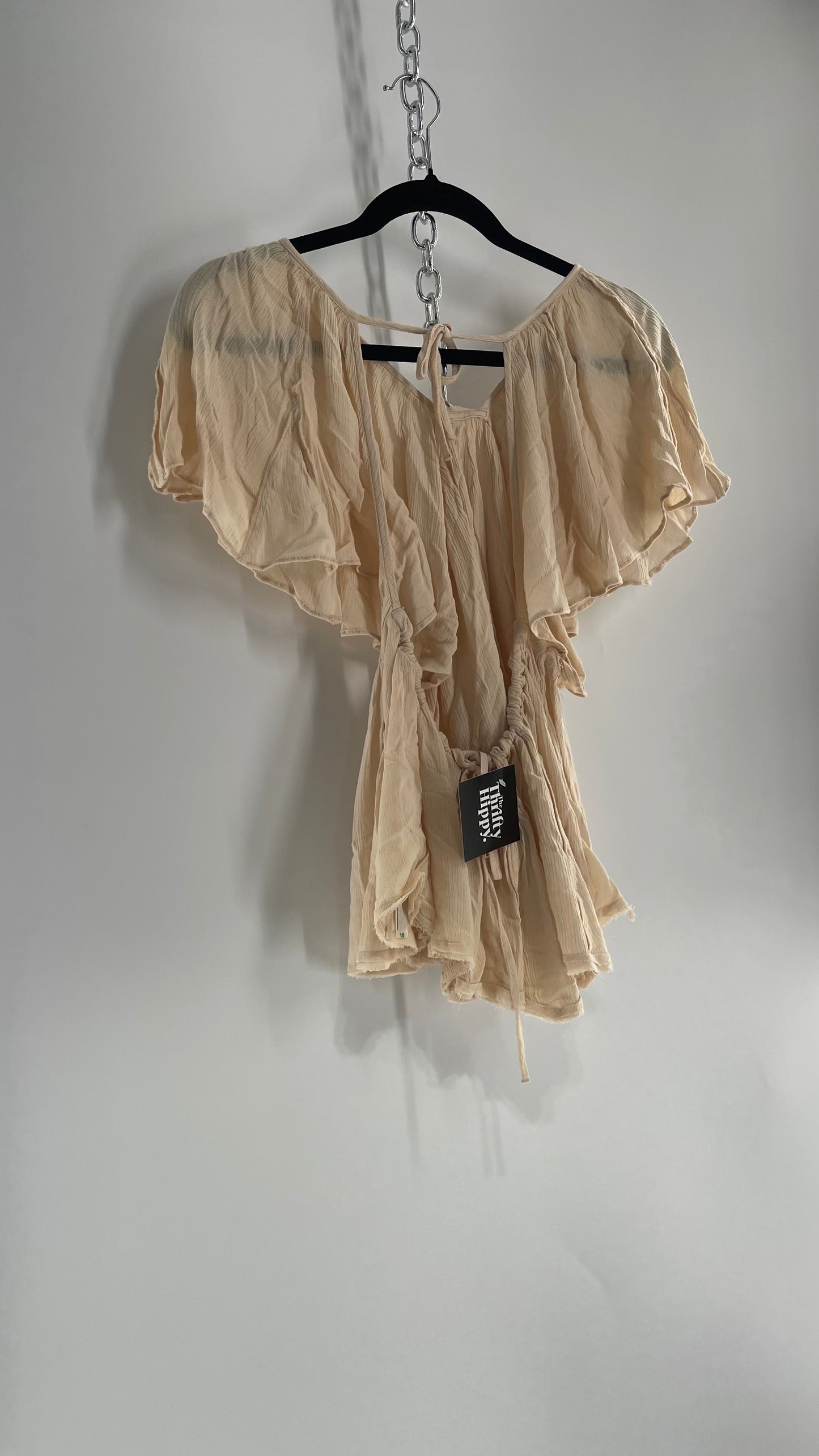 Free People Beige Open Back Drape Sleeve Blouse (XS)