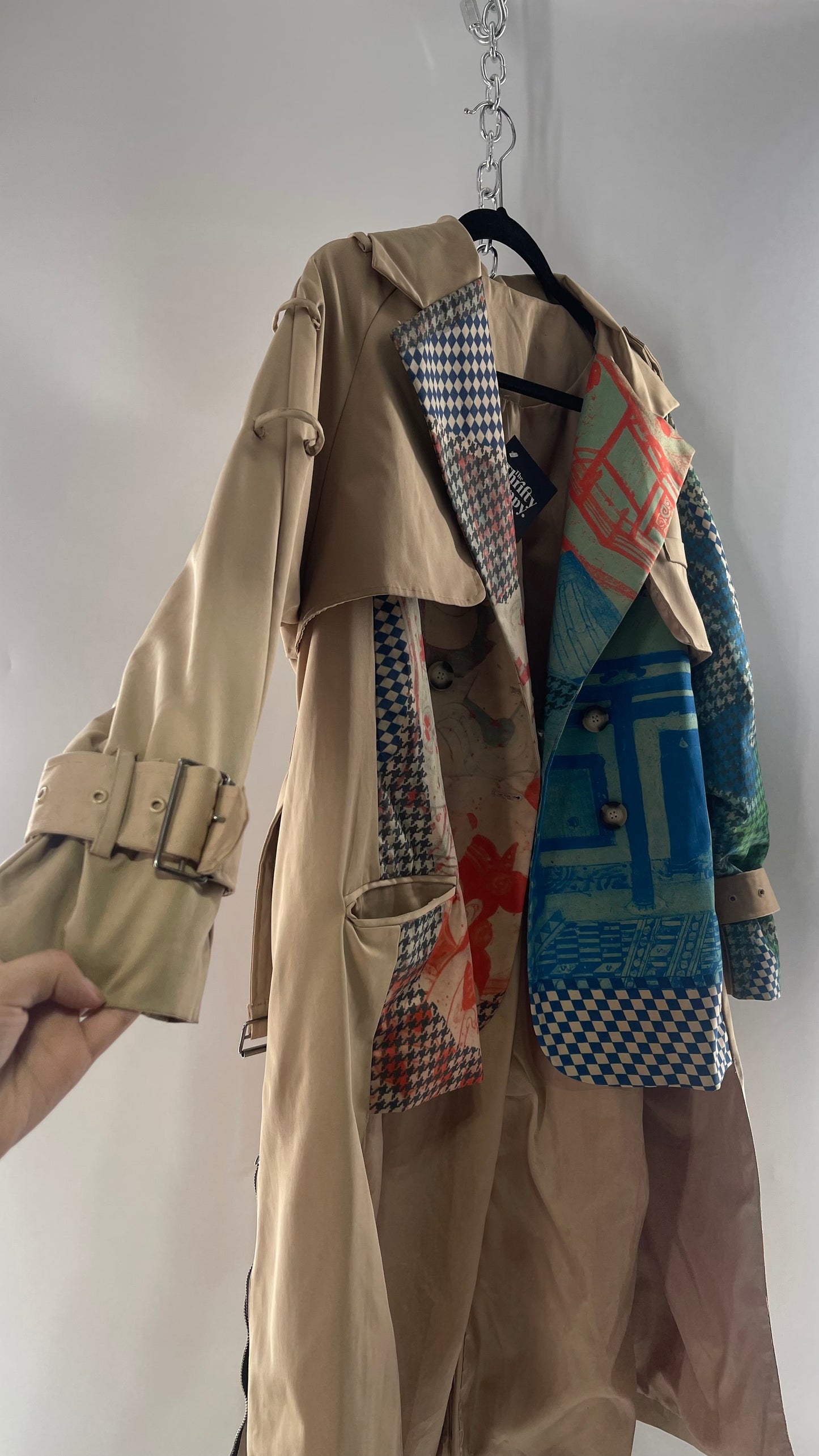 Tan Belted, Double Breasted Trench Coat with Plaid Colorful Graphics and Contrasting Black Zippers (C)(M)